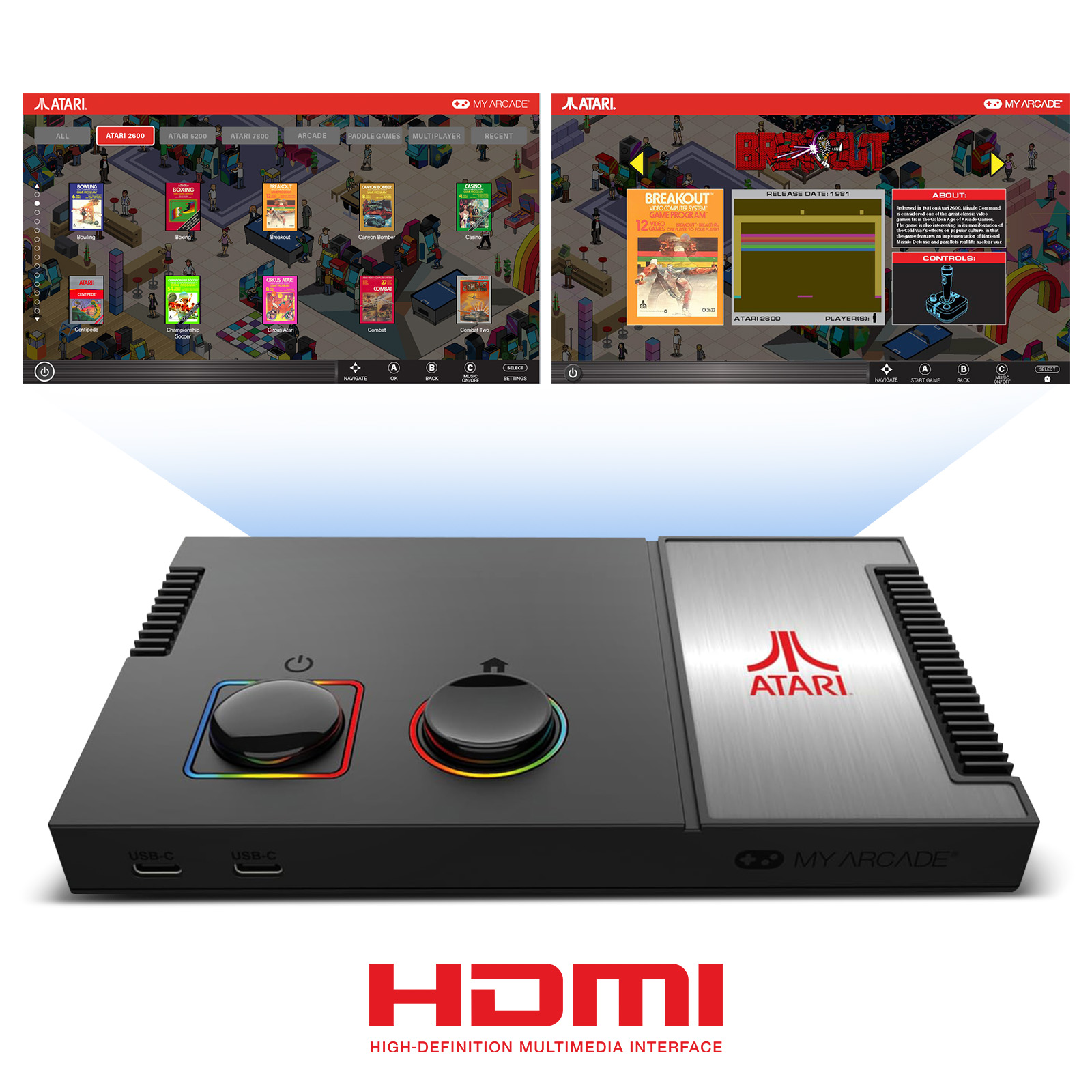 Una consola Atari con pantallas de juegos en la parte superior y el logotipo HDMI en la parte inferior. Tiene dos joysticks.