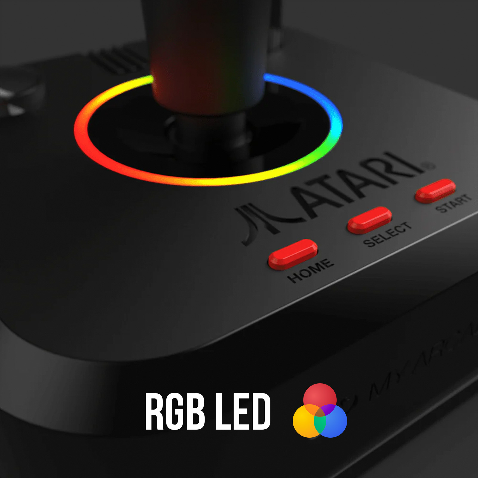 Joystick Atari negro con botones rojos (Inicio, Seleccionar, Iniciar). Anillo LED RGB alrededor de la base.