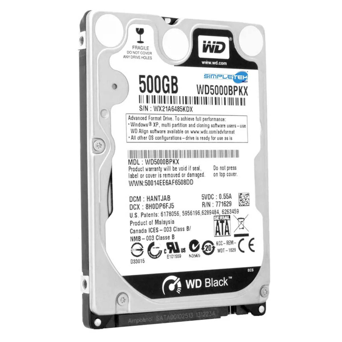 Un disco rigido WD Black da 500 GB. L'etichetta mostra dettagli: modello, numero di serie e avvertenze. I colori dominanti sono il bianco e il nero.