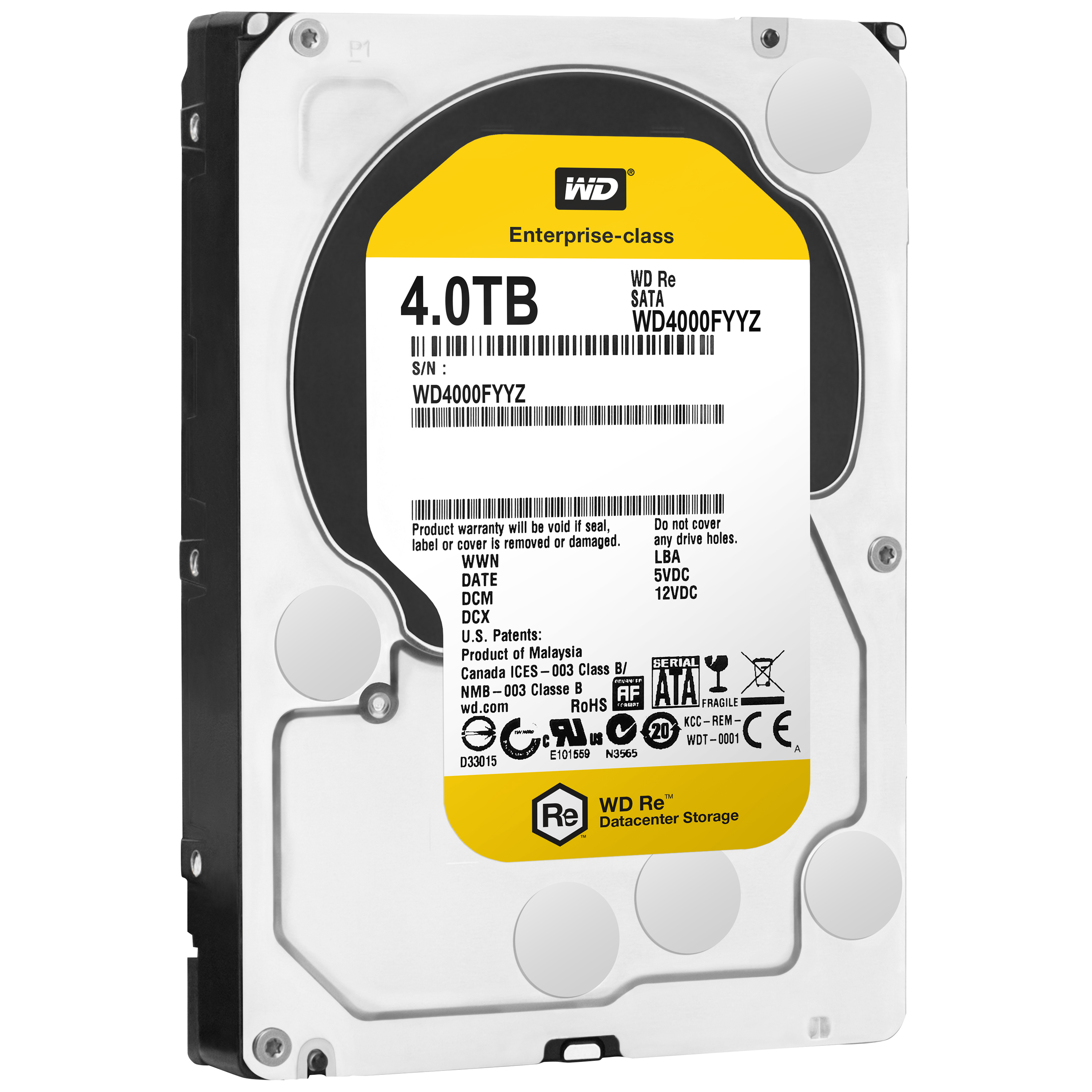 Un disco rigido con un'etichetta gialla che mostra 4,0 TB, WD Re e altri dettagli tecnici. L'unità è metallica.
