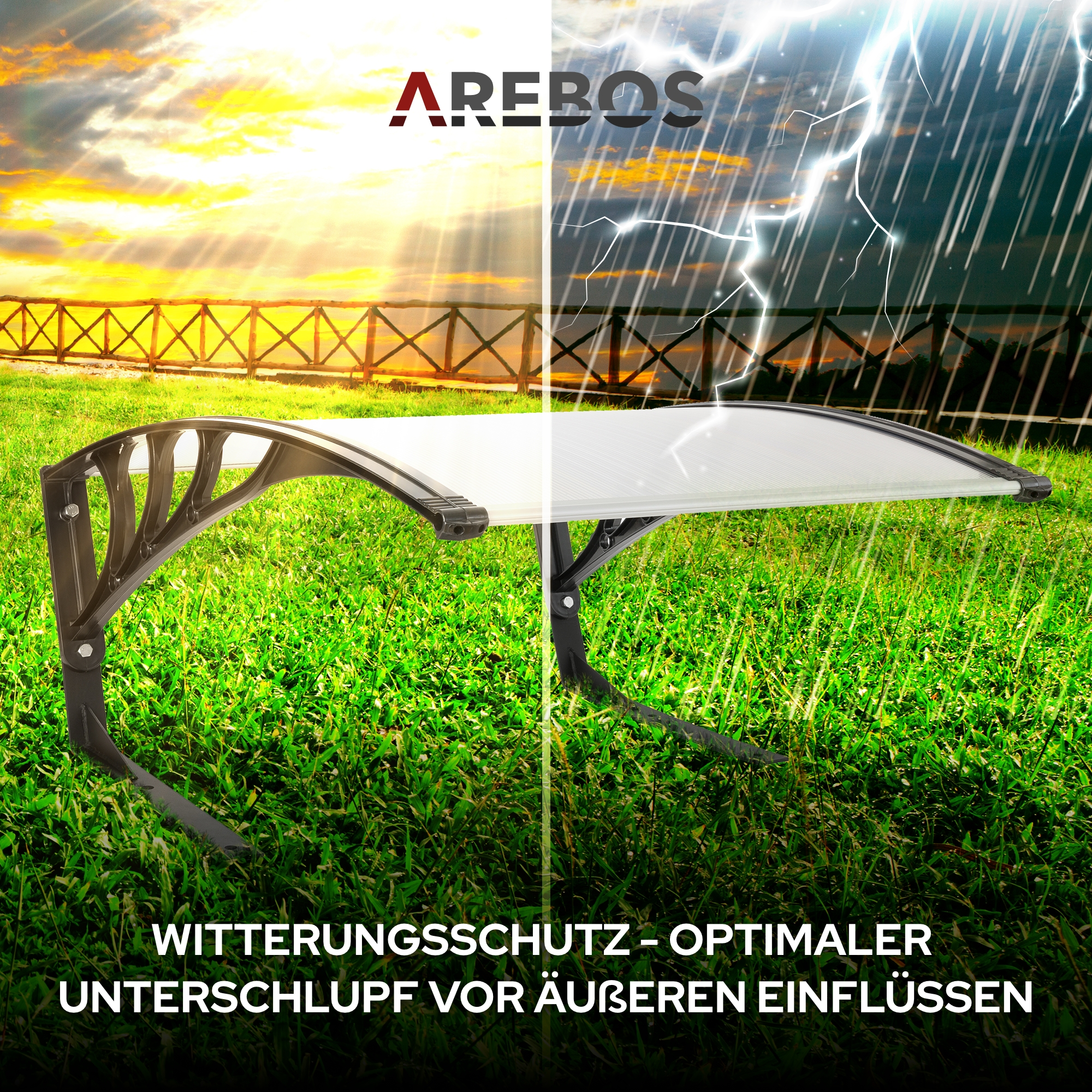 Ein Vordach wird bei Sonne und Sturm gezeigt. Es steht auf grünem Gras. Der Markenname ist sichtbar. Text: Wetterschutz.