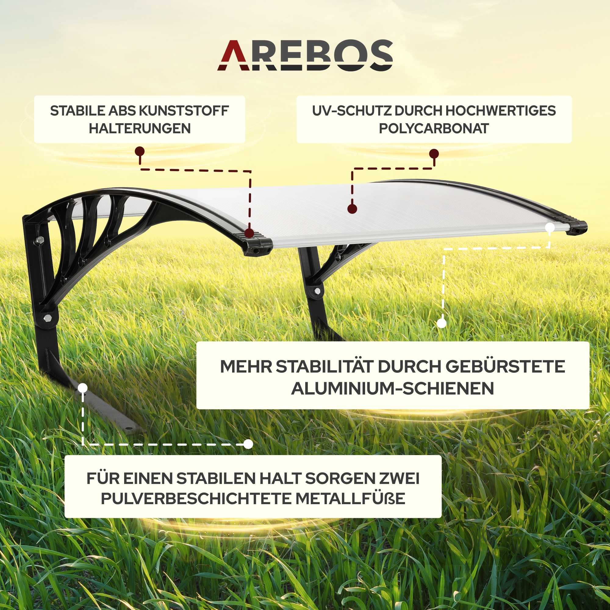 Ein schwarzes Vordach mit weißem Polycarbonat und schwarzen Halterungen, Text auf Deutsch beschreibt seine Eigenschaften.