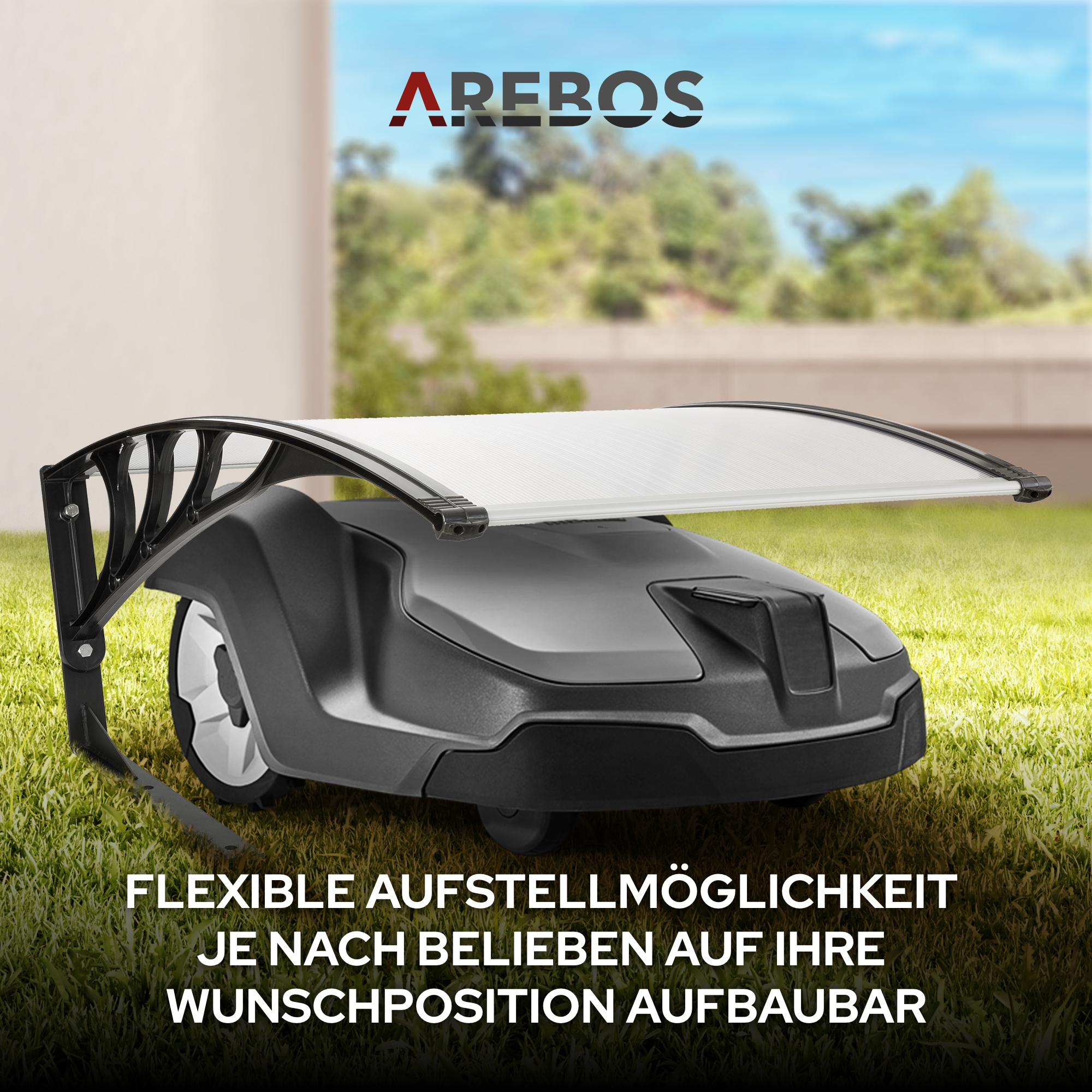 Ein Roboter-Rasenmäher mit schwarzem Unterstand auf grünem Rasen. Der Markenname ist 'AREBOS'.