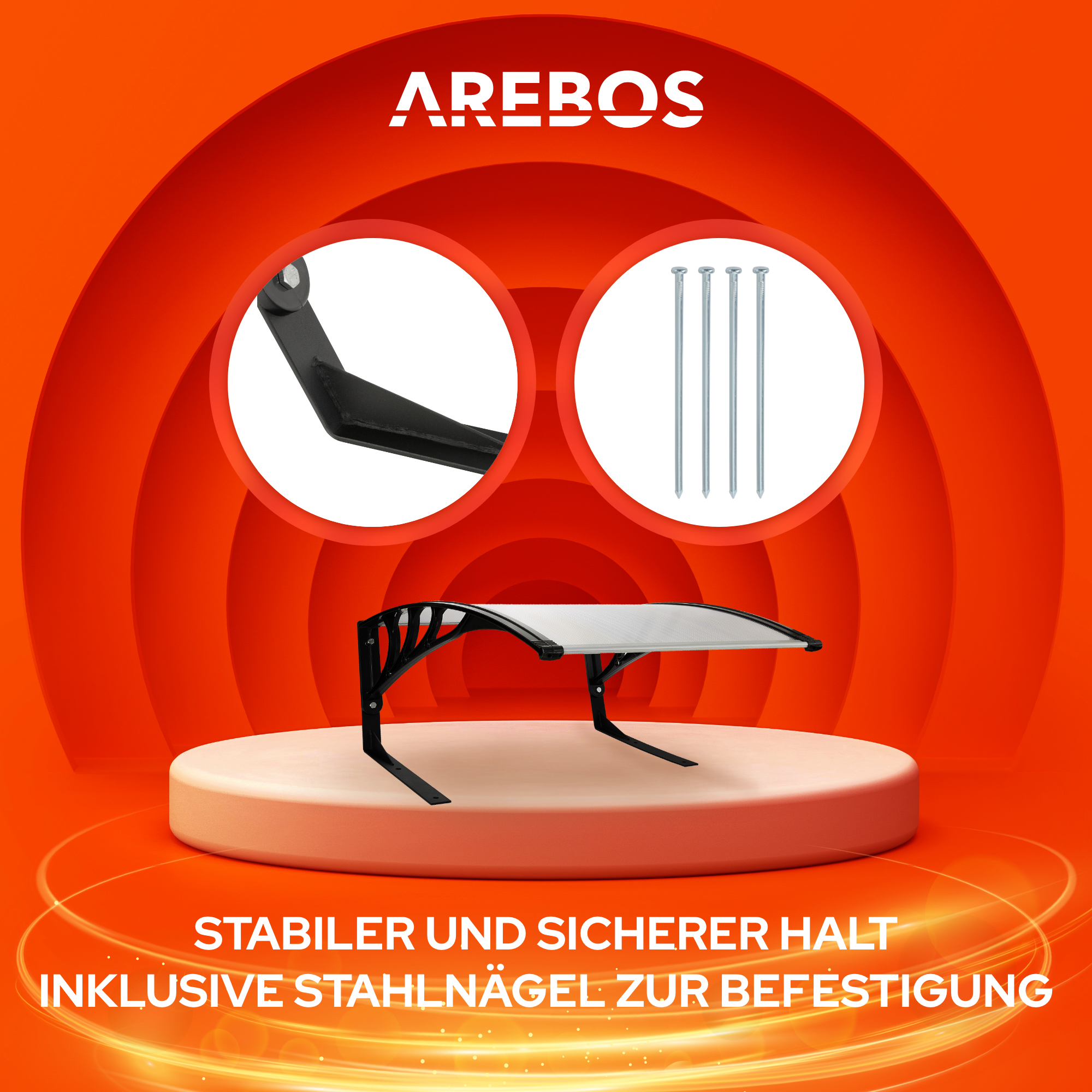 Produktbild eines Vordachs, Teile und Nägel auf orangefarbenem Hintergrund. Der Text lautet 'Stabile und sicherer Halt'.