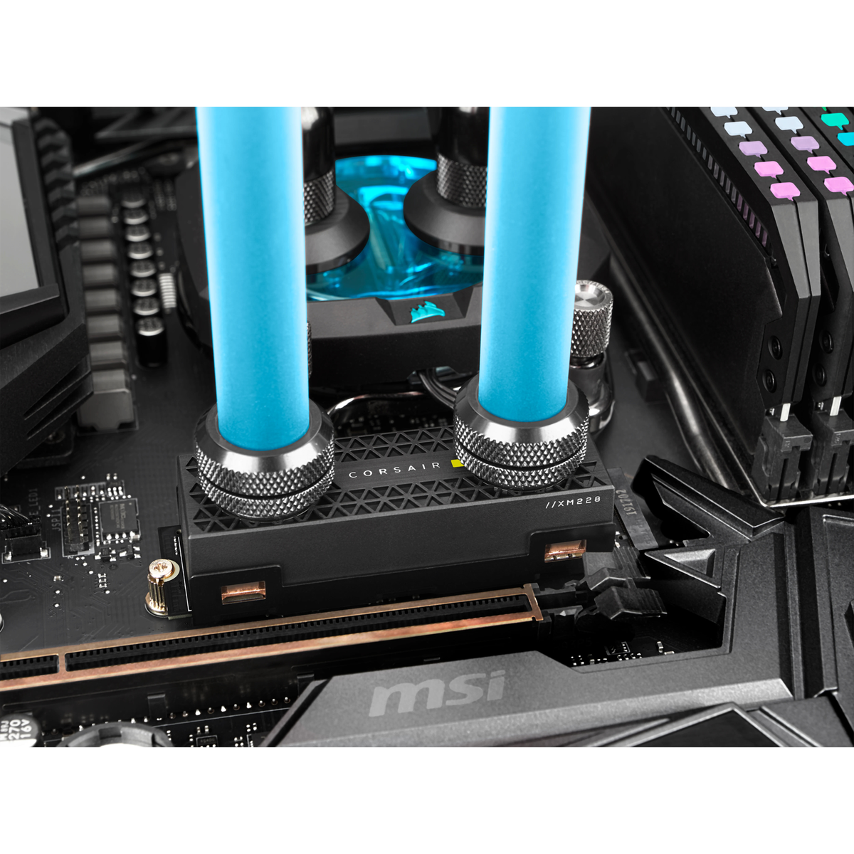 Una scheda madre di computer con sistema di raffreddamento a liquido. Tubi blu si collegano a un componente Corsair nero. Moduli RAM visibili.