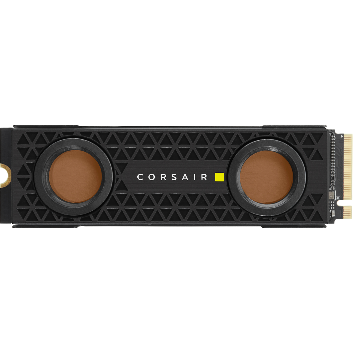 SSD Corsair nero con cerchi color bronzo e quadrato giallo. L'SSD ha un motivo geometrico e un connettore per circuito stampato.