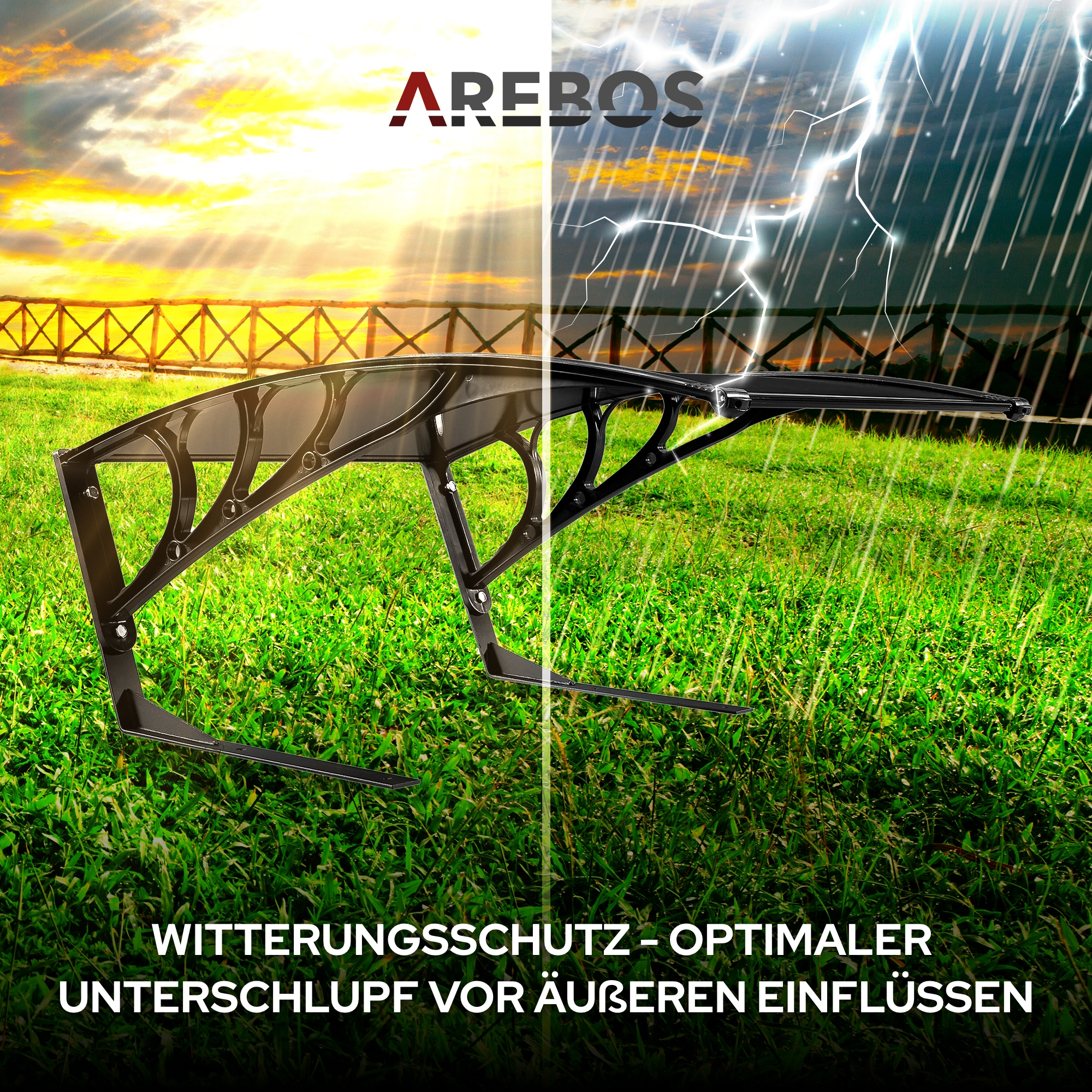 Bild zeigt Wetterschutzkonzept. Halb sonnig, halb stürmisch. Ein schwarzes Vordach steht im Fokus, auf Rasen platziert.