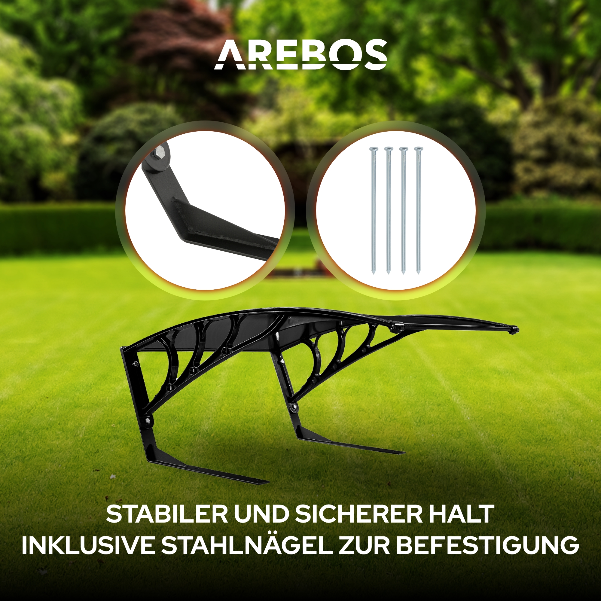 Schwarzes Vordach mit Nägeln zur Montage, vor verschwommenem grünen Rasen und Bäumen, mit Text 'STABILER UND SICHERER HALT'.