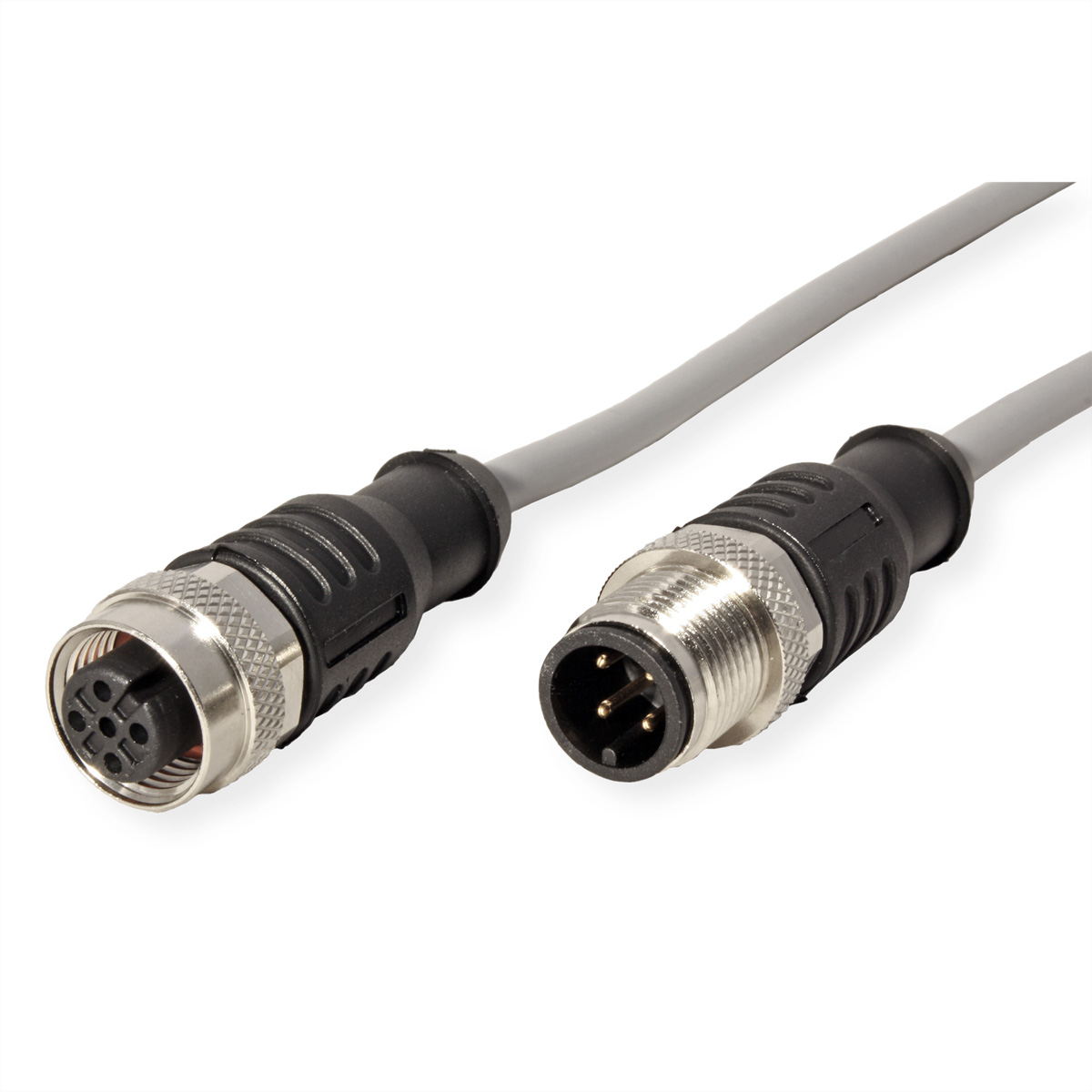 Zwei elektrische Stecker mit grauen Kabeln. Ein Stecker hat mehrere Stifte, der andere weniger. Beide haben Metall und schwarzen Kunststoff.