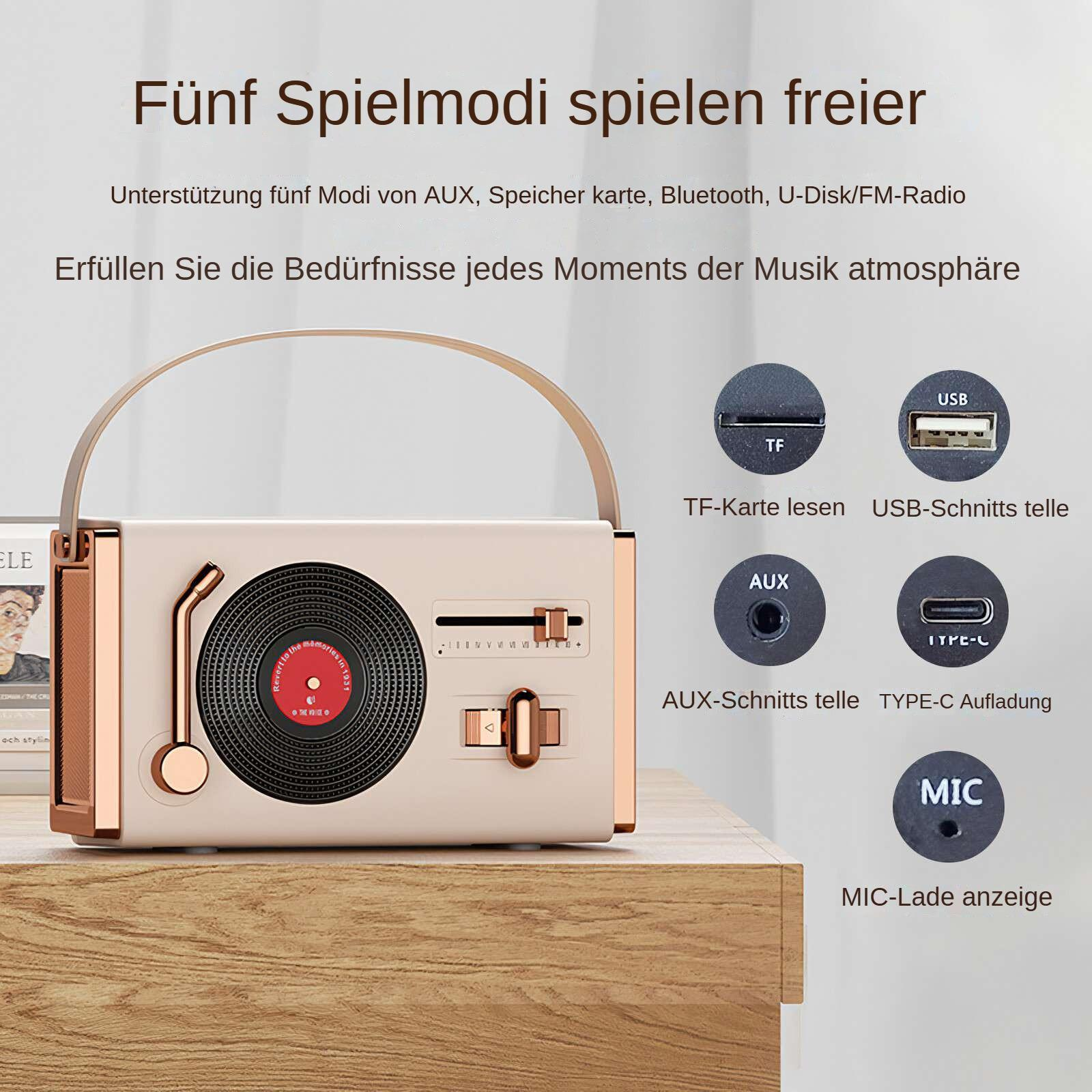 Ein beigefarbener Lautsprecher im Retro-Stil mit Schallplatte und verschiedenen Anschlüssen wird auf einer Holzoberfläche angezeigt.