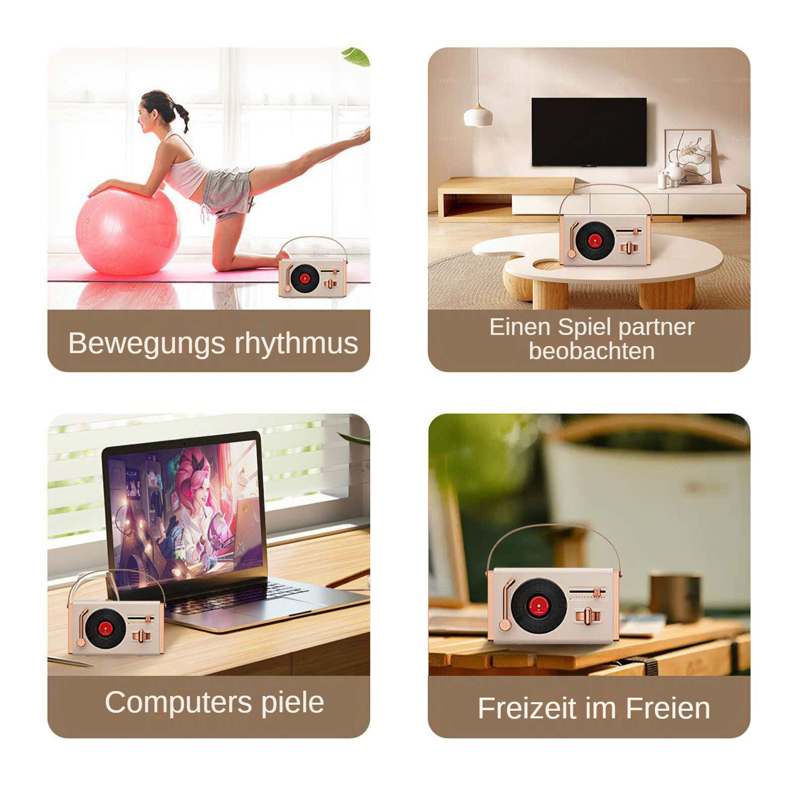 Eine Frau macht Yoga neben einem Lautsprecher. Andere Szenen zeigen den Lautsprecher in der Nähe eines Fernsehers, eines Laptops und im Freien.
