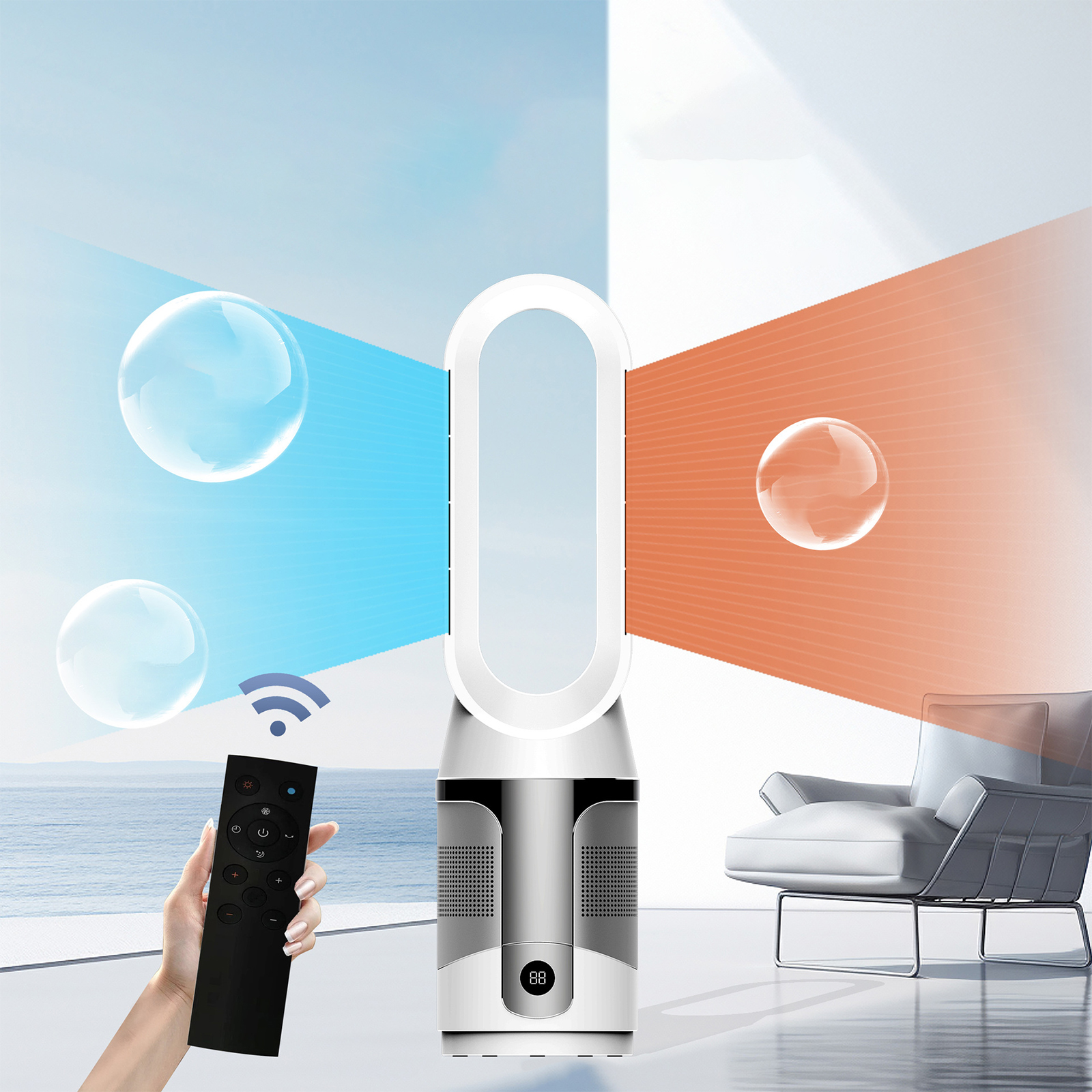Weißer und silberner Ventilator mit Fernbedienung, blaue und orangefarbene Luftströme, Blasen und ein grauer Stuhl im Hintergrund.
