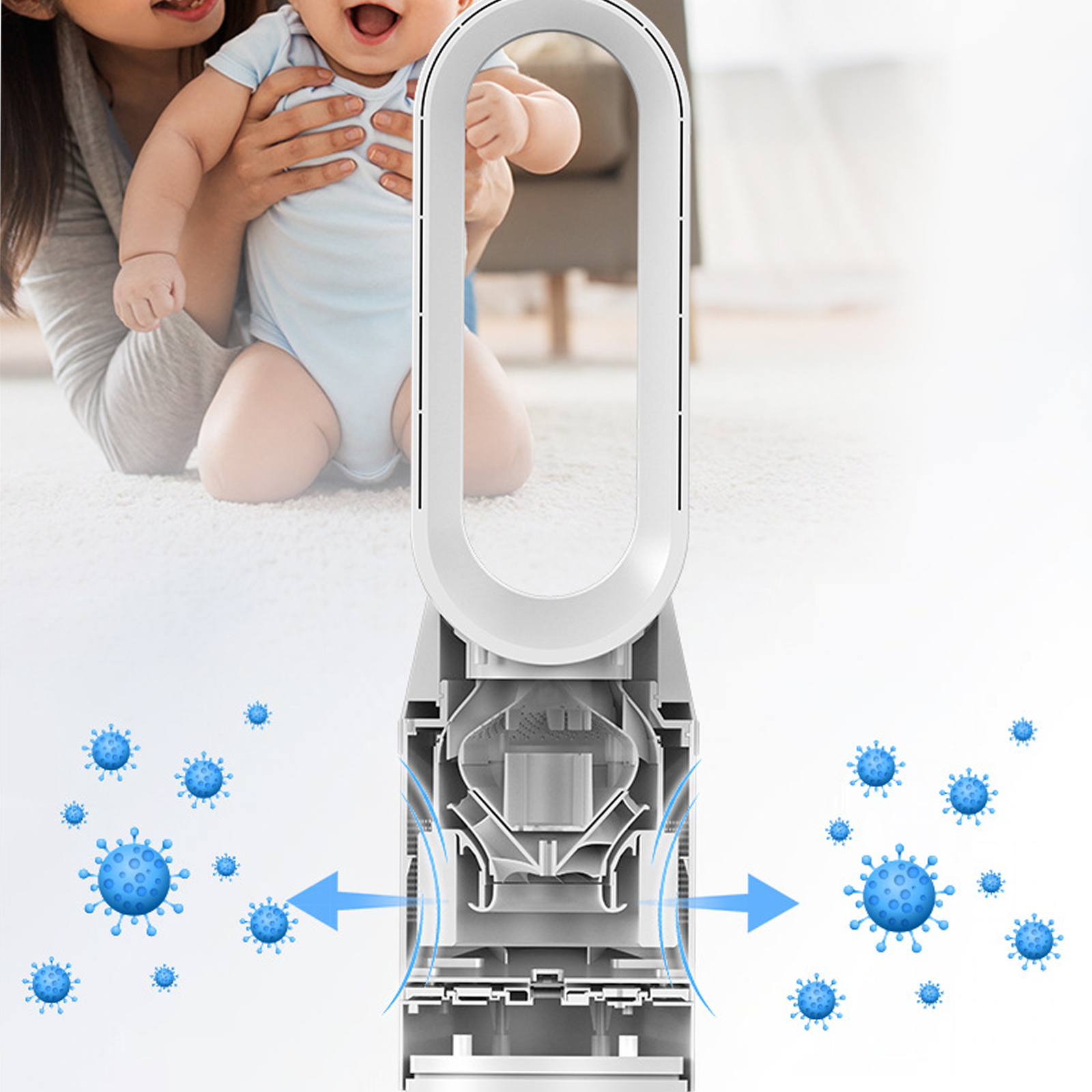 Ein Baby wird in der Nähe eines weißen Luftreinigers gehalten, mit blauen Virusillustrationen. Der Reiniger zeigt den Luftstrom.