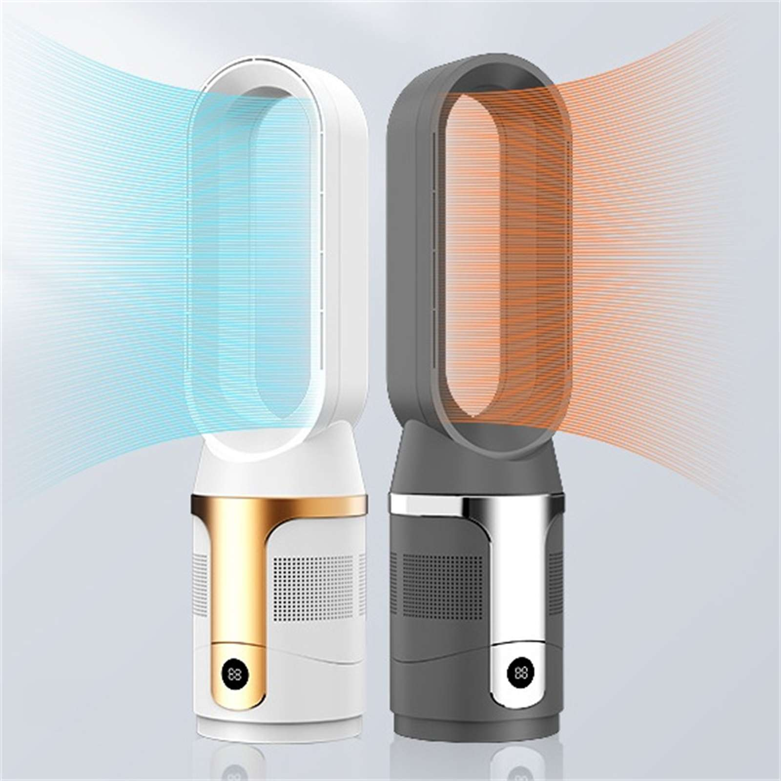 Zwei moderne Ventilatoren, einer weiß mit blauem Luftstrom, der andere grau mit orangefarbenem Luftstrom. Beide haben digitale Anzeigen.
