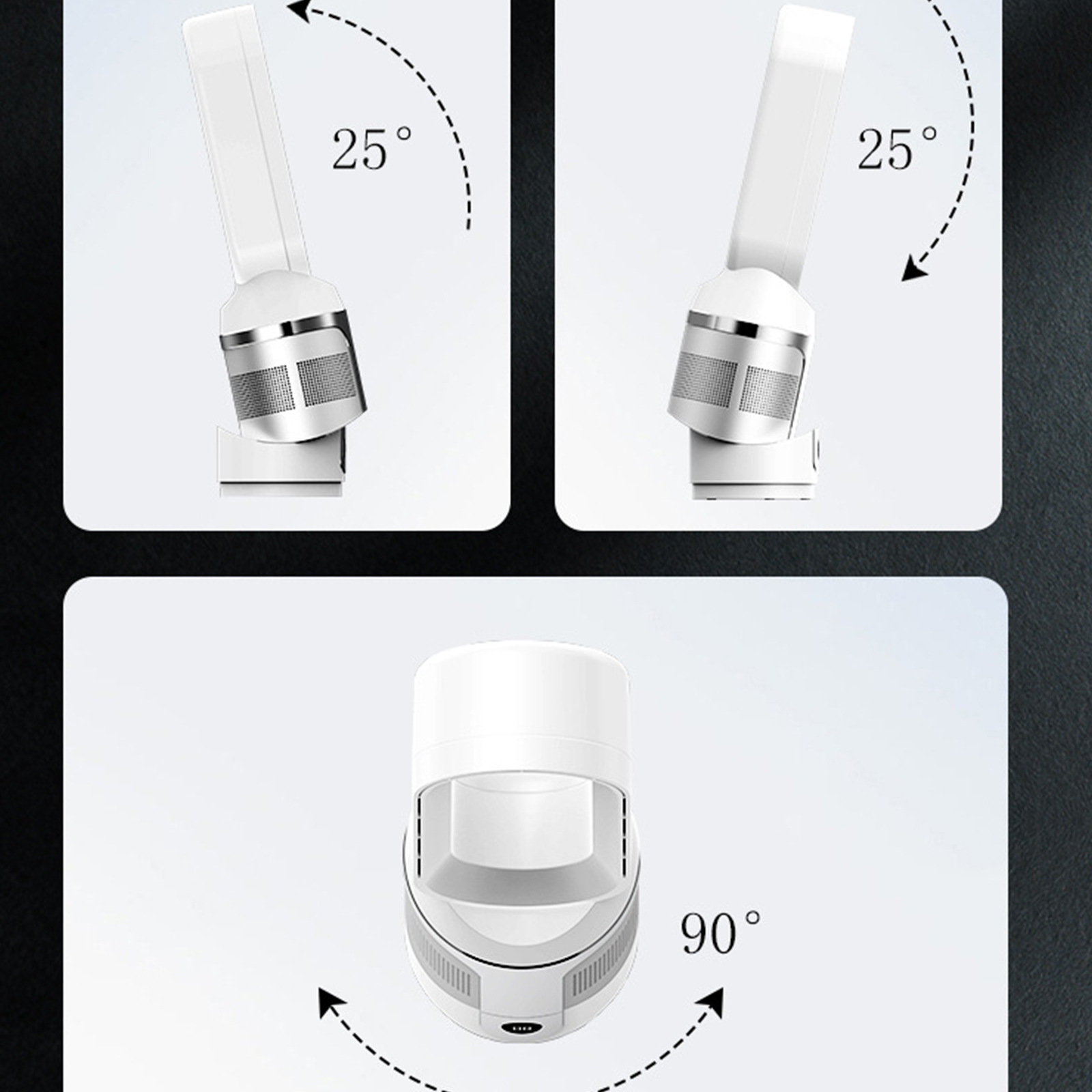 Drei weiße Geräte, eines um 25 Grad und ein anderes um 90 Grad gedreht, zeigen Design und Drehwinkel.