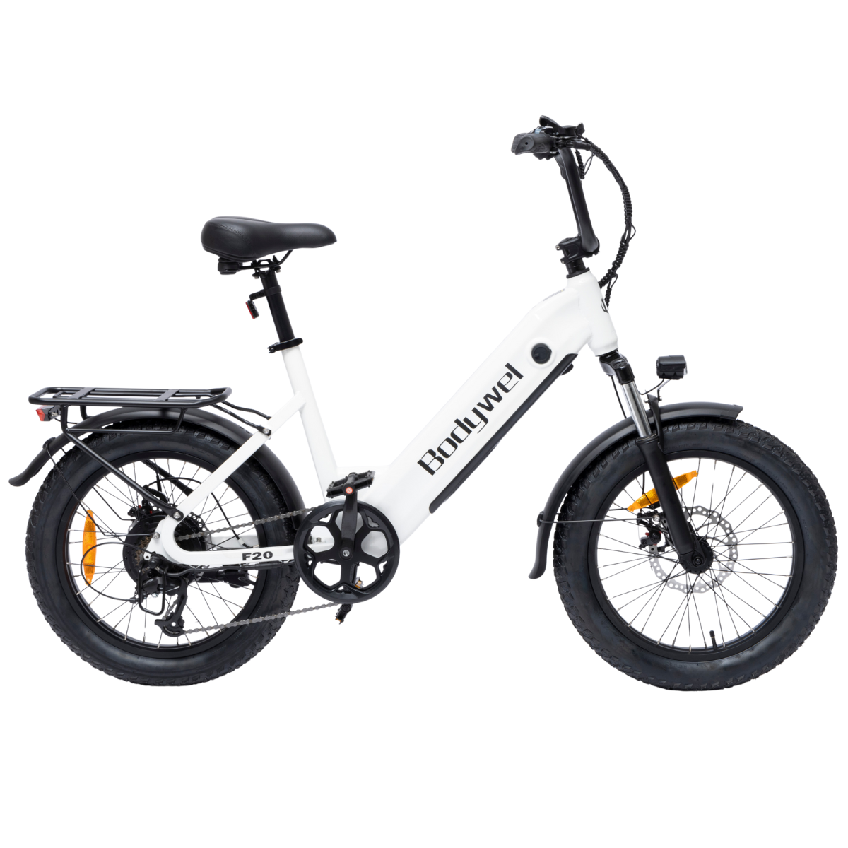 Biały rower elektryczny Bodywel F20. Ma czarne opony, czarne siodełko i bagażnik. Tło jest białe.