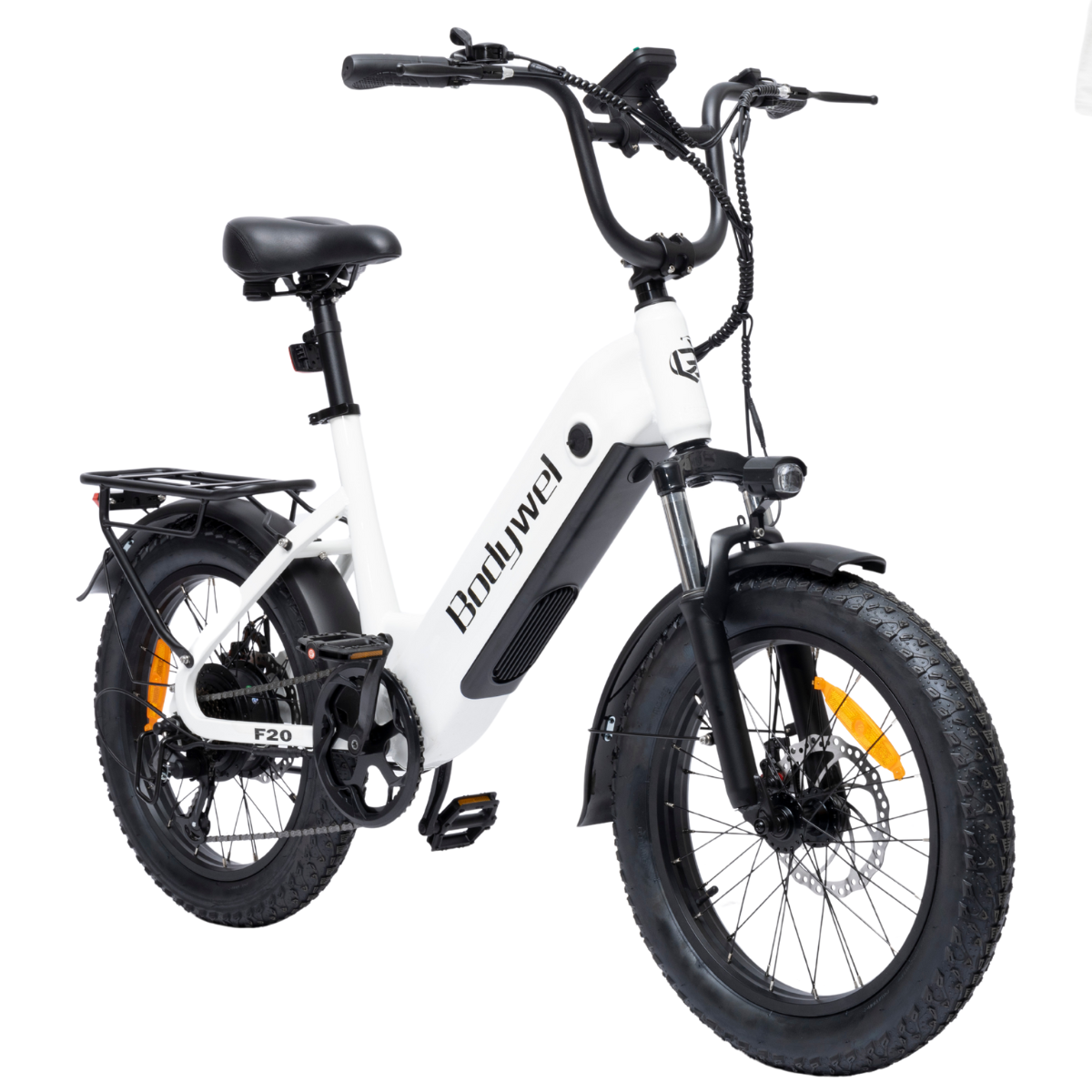 Biały rower elektryczny Bodywel. Posiada czarne opony, kierownicę i siedzenie. Ma bagażnik nad tylnym kołem i reflektor.