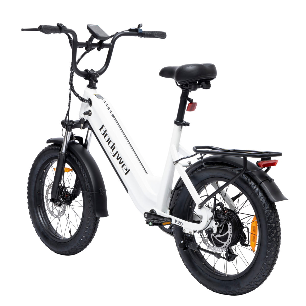 Biały rower elektryczny Bodywel F20. Ma czarne opony, kierownicę i siedzenie. Rower stoi na białym tle.