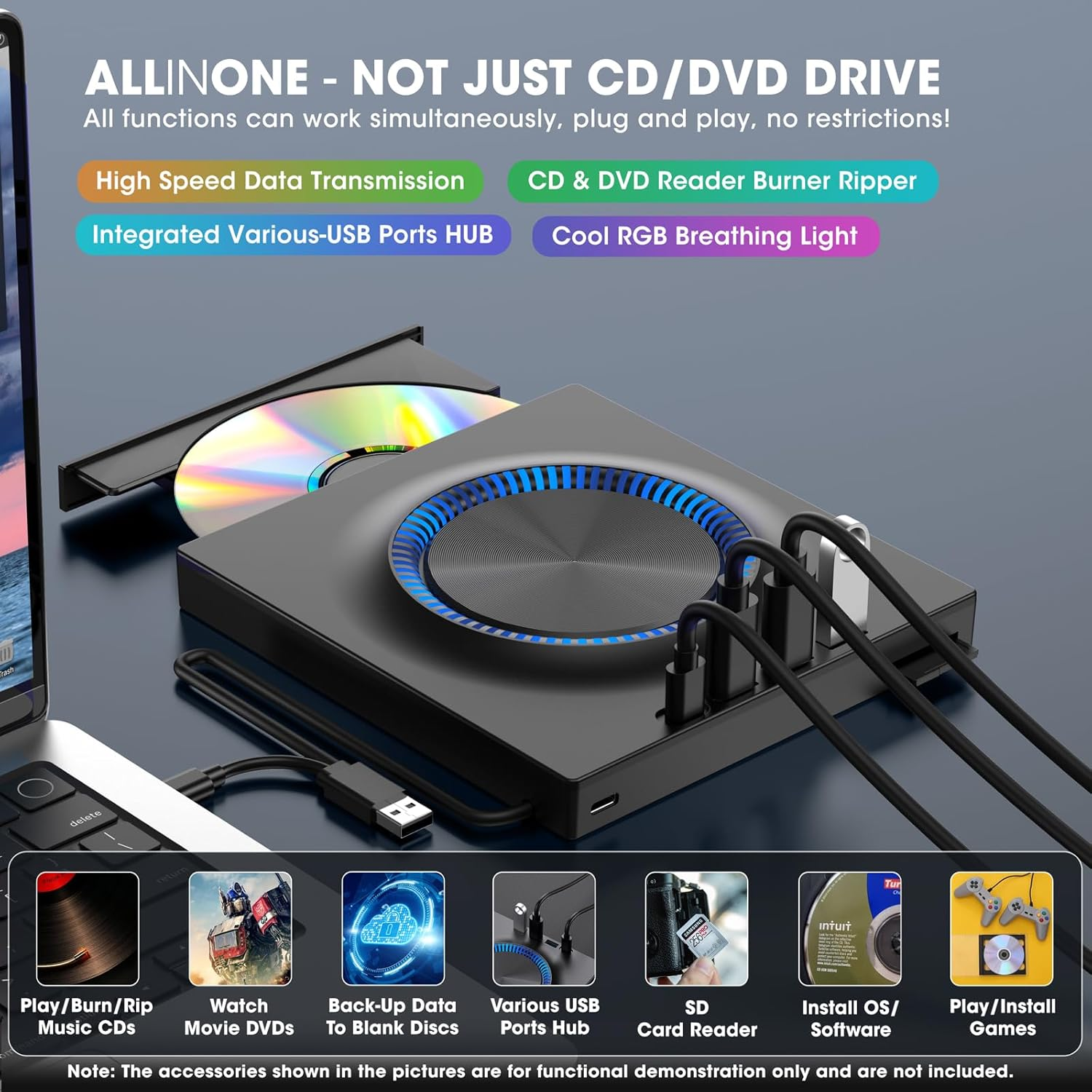 Ein All-in-One-CD/DVD-Laufwerk mit verschiedenen Funktionen. Enthält USB-Anschlüsse, einen SD-Kartenleser und eine coole RGB-Beleuchtung.