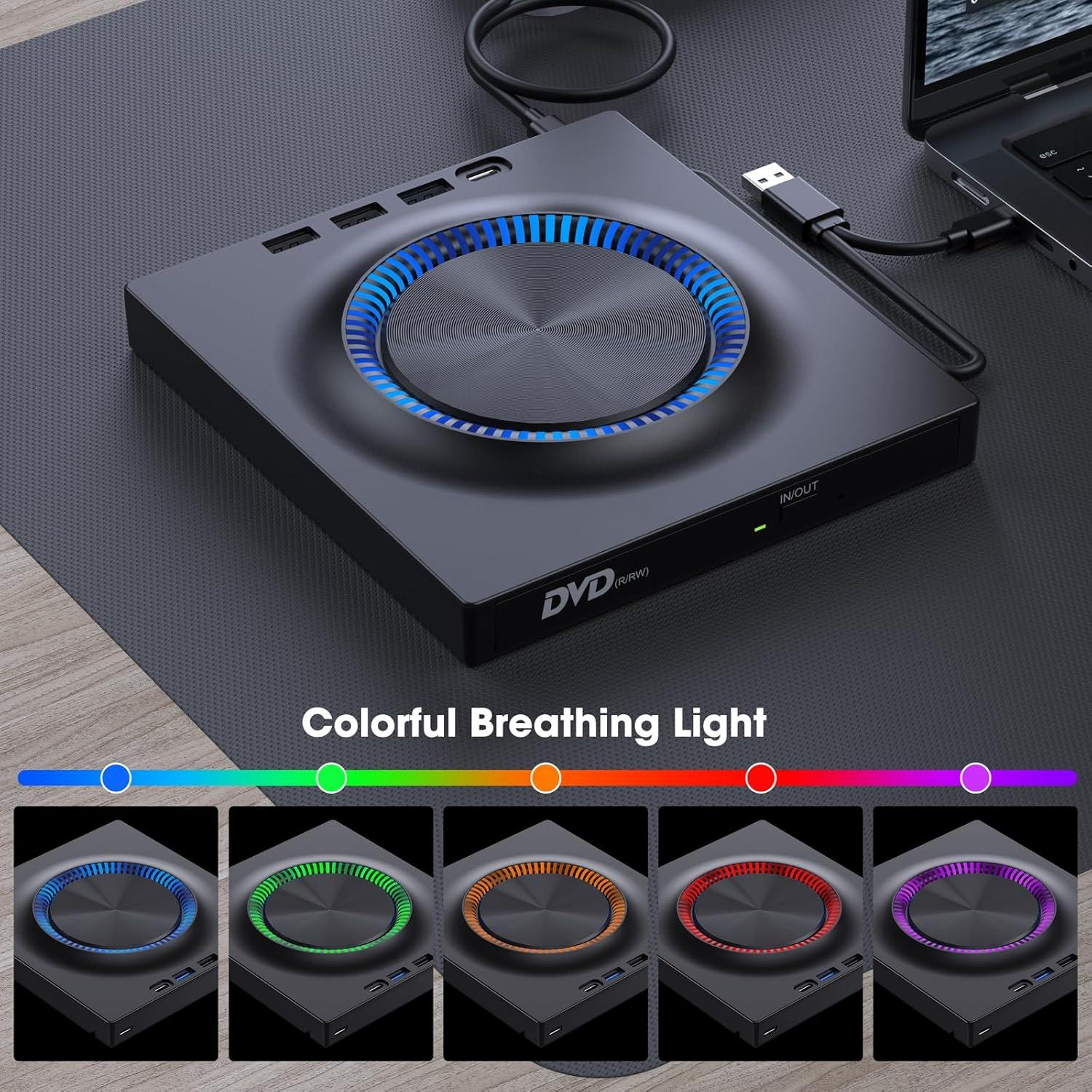 Schwarzer DVD-Player mit farbigem Atemlicht, der an einen Laptop auf einem Schreibtisch angeschlossen ist. Zusätzliche Farboptionen werden unten angezeigt.