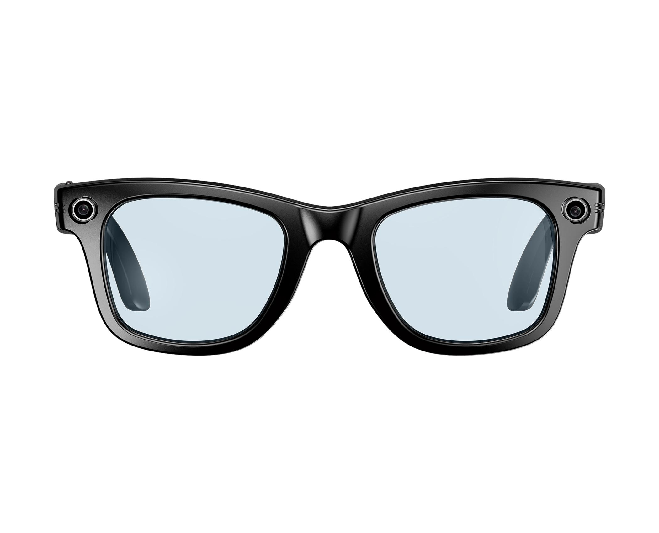 Schwarze Smart Glasses mit blauen Gläsern, Kameras an den Seiten, isoliert auf weißem Hintergrund. Moderne Brille.