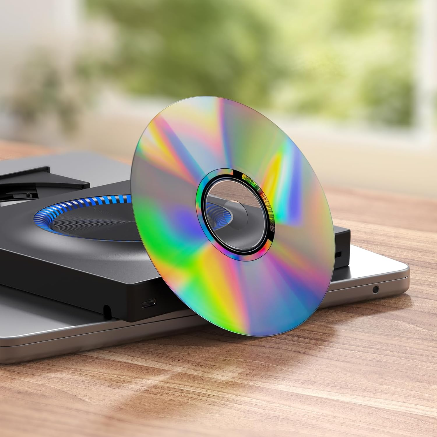 Eine CD liegt auf einem schwarzen Gerät, auf einem silbernen Laptop, auf einer Holzoberfläche. Die CD reflektiert Regenbogenfarben.