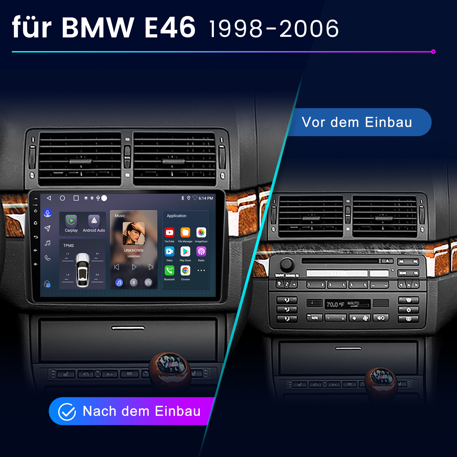 Porównanie wnętrza BMW E46 przed i po instalacji nowego systemu info-rozrywki z ekranem dotykowym.