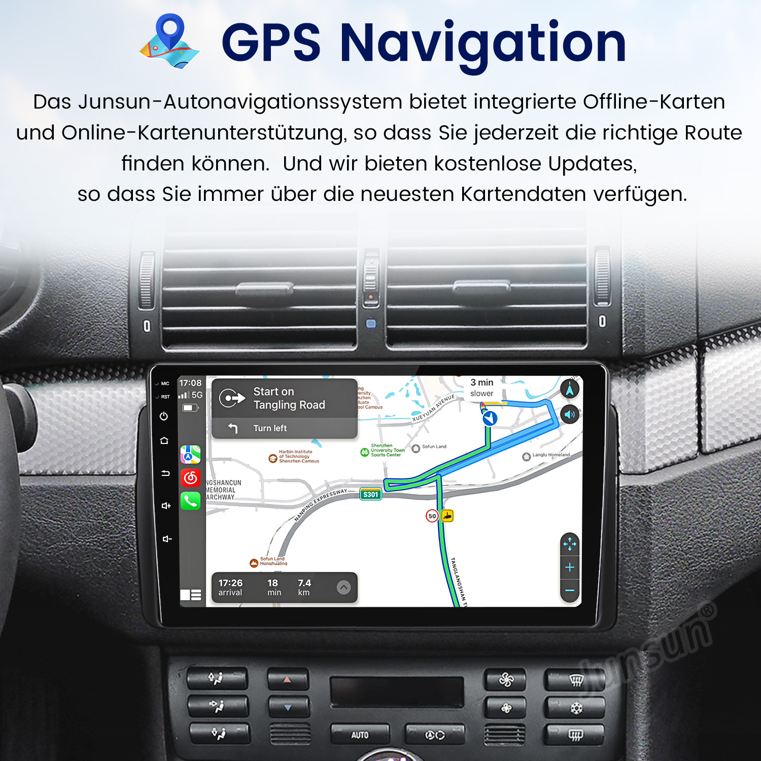 Auto-GPS-Bildschirm mit Karten- und Navigationsanweisungen. Der Bildschirm zeigt Route, Zeit- und Entfernungsdetails.