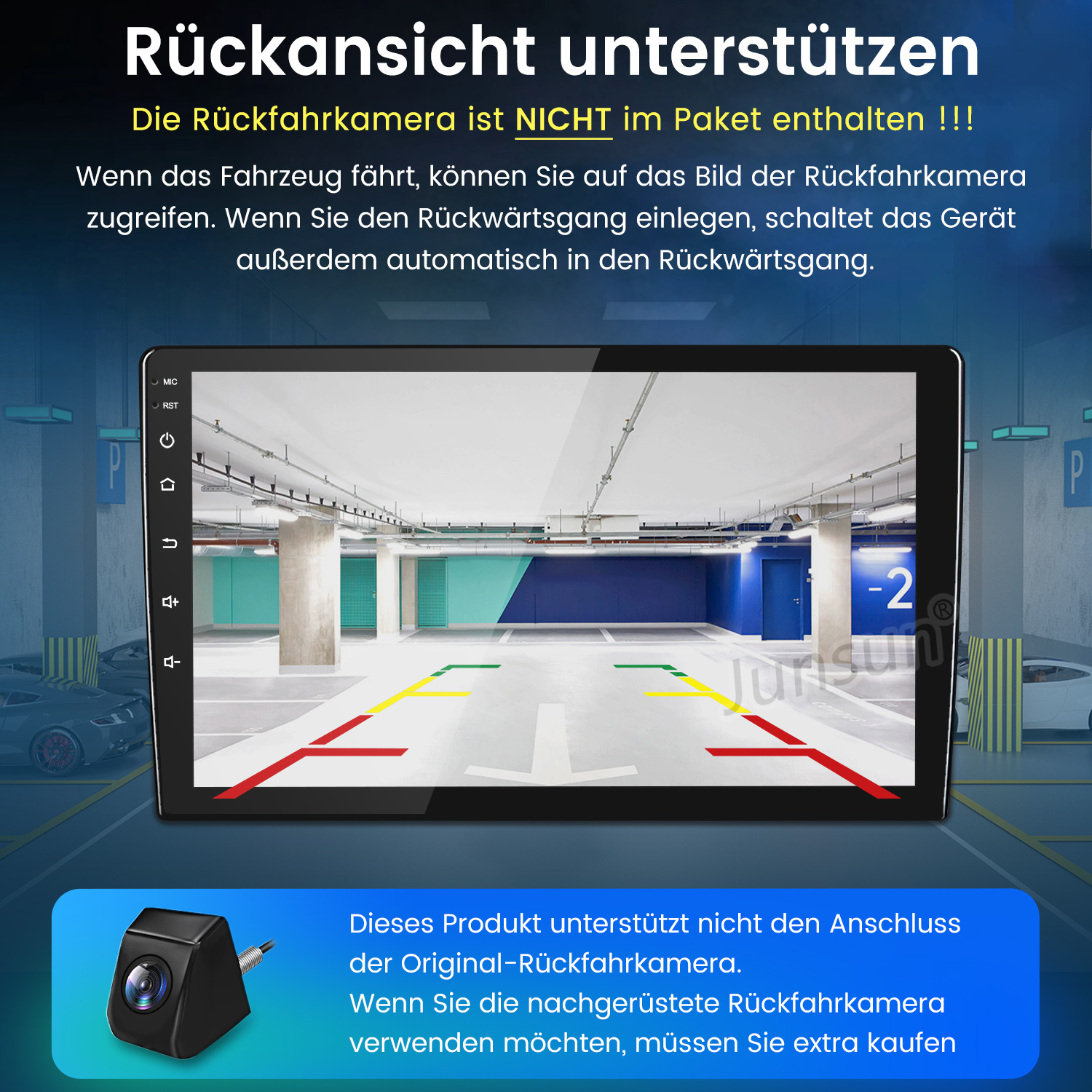 Ein Bild eines Auto-Rückfahrkamera-Bildschirms, der eine Parkgarage zeigt. Unten ist eine Kamera zu sehen.