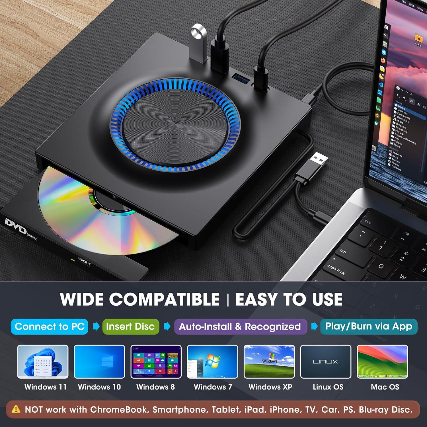Schwarzes DVD-Laufwerk mit Disc, verbunden mit Laptop. Kompatibilitäts-Icons für Windows und Mac werden angezeigt.