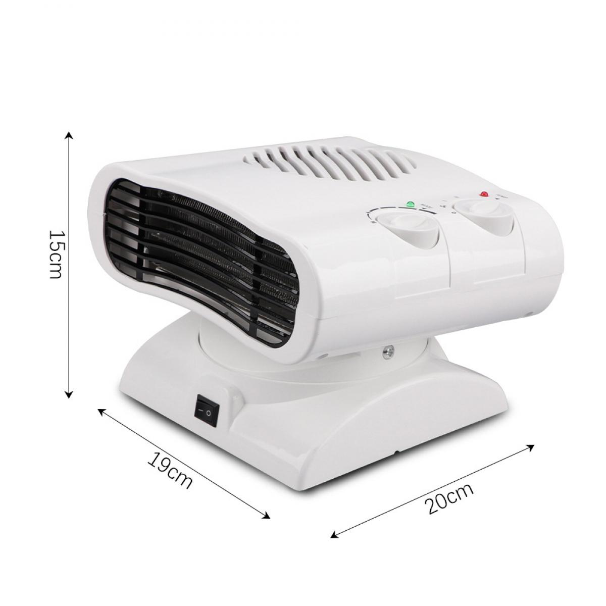 Ein weißer elektrischer Heizlüfter mit beschrifteten Abmessungen. Er hat einen Ventilator und Bedienknöpfe. Der Heizlüfter steht auf einem weißen Sockel.