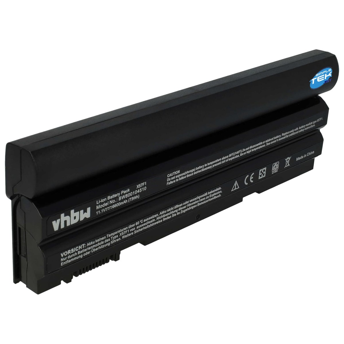 Una batteria nera per laptop con testo bianco. Ha il marchio 'vhbw' e avvertenze di sicurezza. In alto il logo SIMPLE TEK.