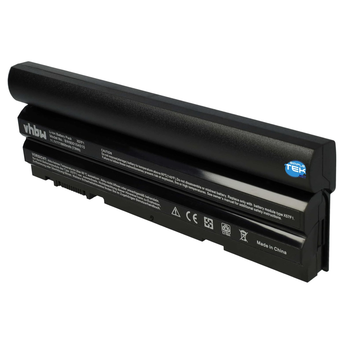 Un pacco batteria nero per laptop con etichette. Contiene avvertenze, dettagli del modello e un logo Simple Tek.