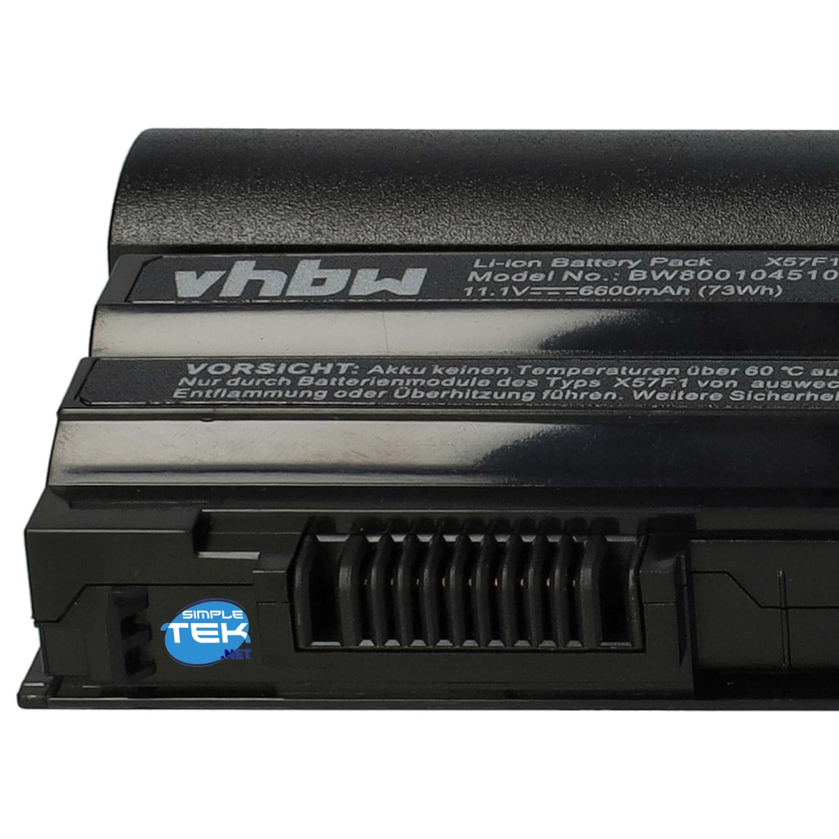 Batteria nera con testo bianco. Presenta il marchio vhbw. Il testo include modello e informazioni sulla tensione. Include il logo SimpleTek.