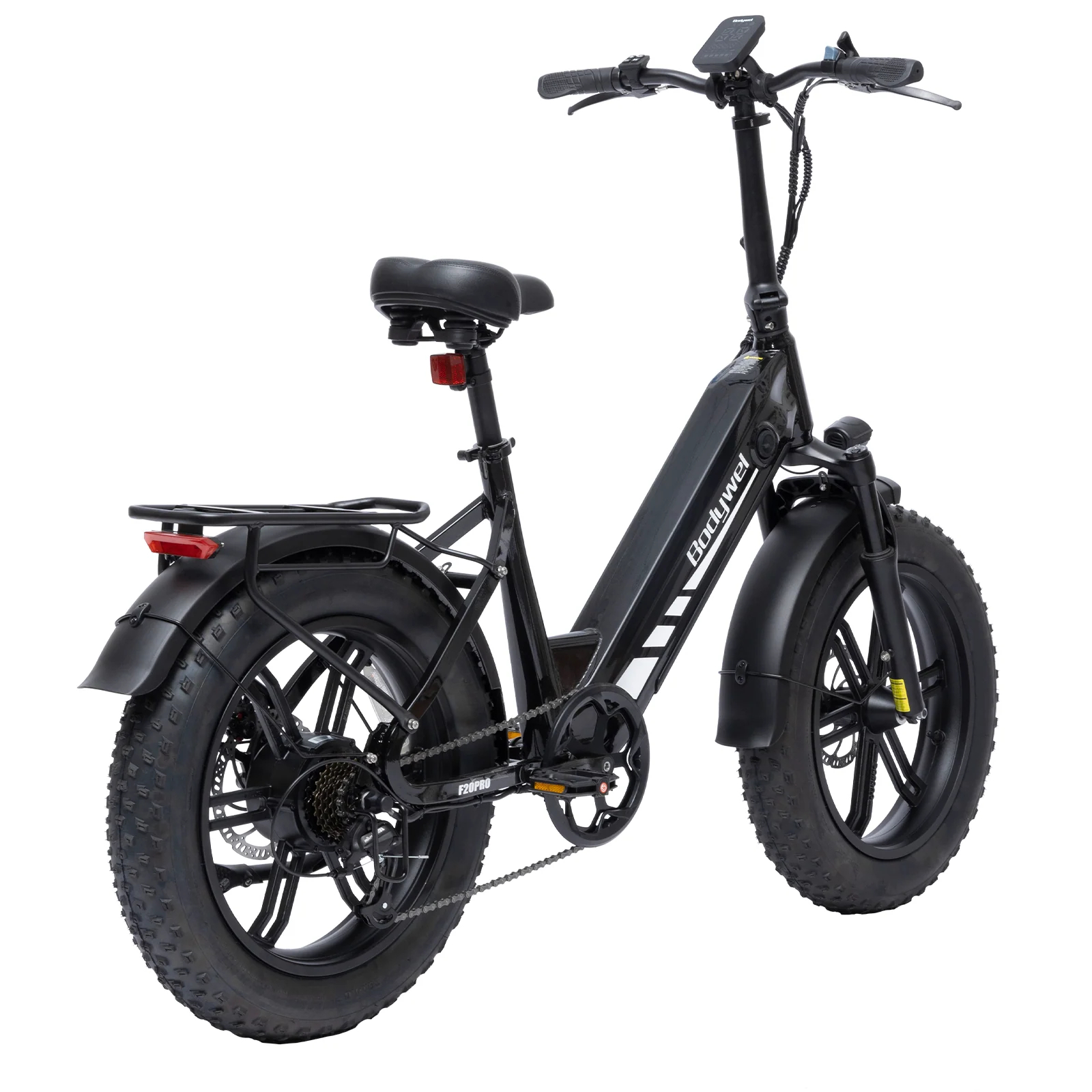 Czarny elektryczny rower typu fat bike Bodywel F20PRO na białym tle. Ma siodełko, bagażnik i szerokie opony.