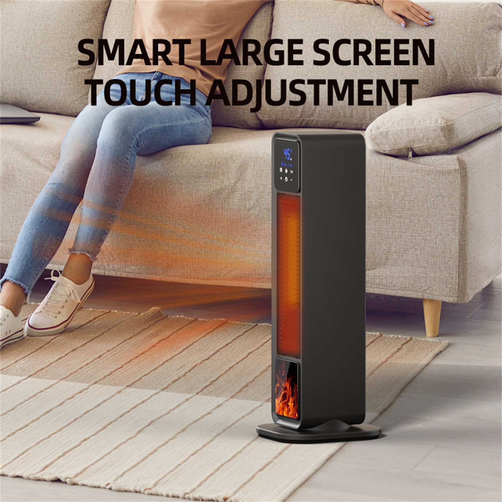 Ein schwarzer Heizlüfter steht auf einem Teppich. Im Hintergrund sitzt eine Person auf einem Sofa. Text oben: SMART LARGE SCREEN TOUCH ADJUSTMENT.