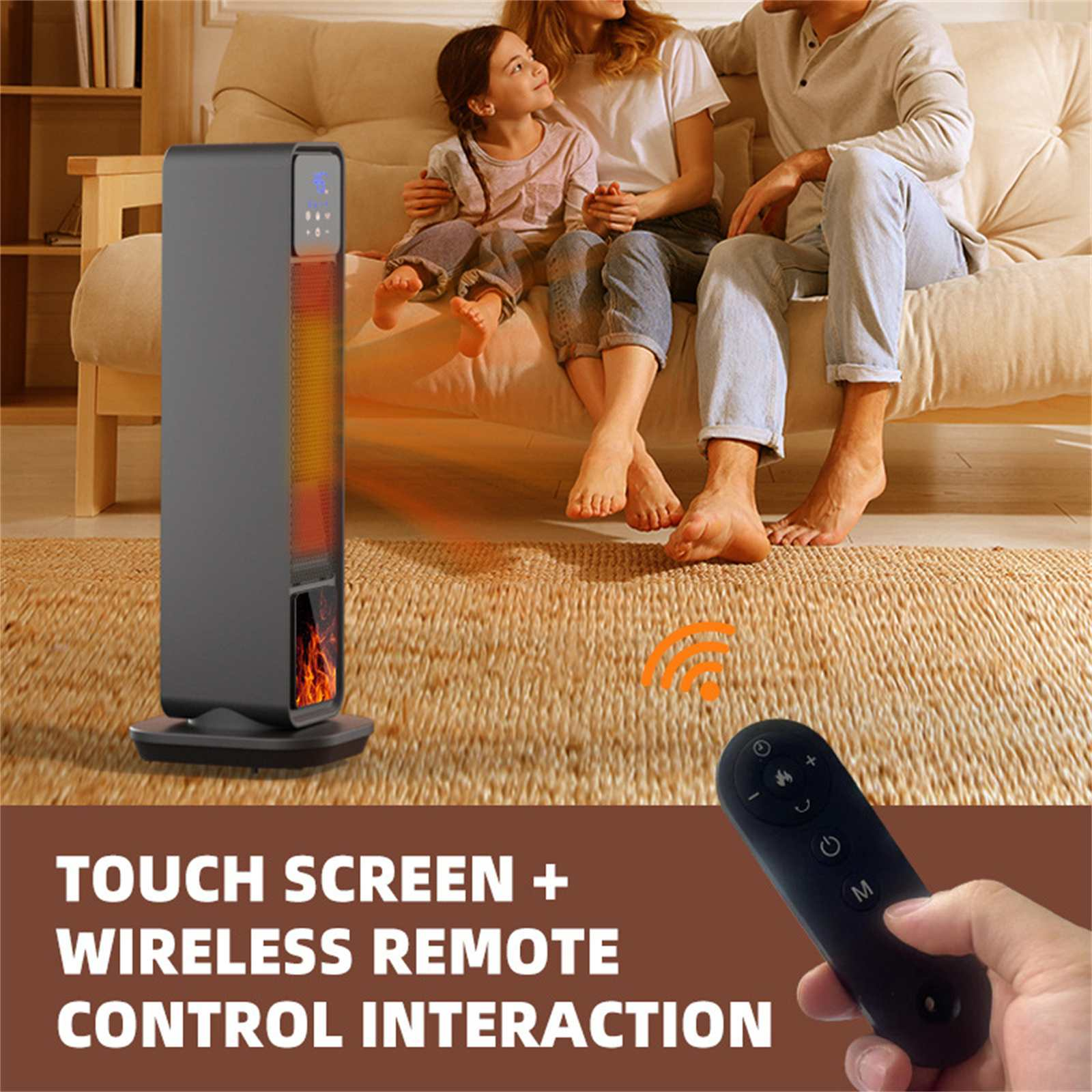 Eine Familie sitzt in der Nähe einer Heizung. Eine Fernbedienung wird gehalten. Die Heizung hat einen Touchscreen und Fernbedienung.