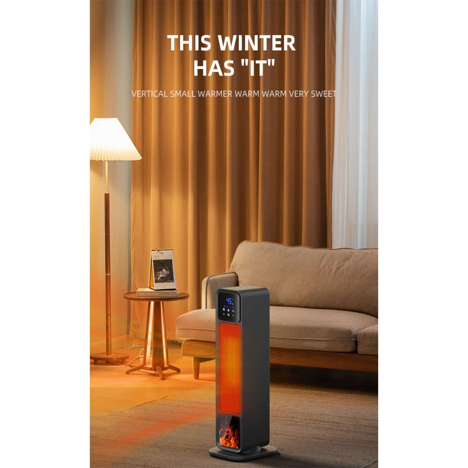 Ein schwarzer und orangefarbener Heizkörper in einem Raum mit Lampe, Sofa und Vorhängen. Text: 'This Winter Has It'.