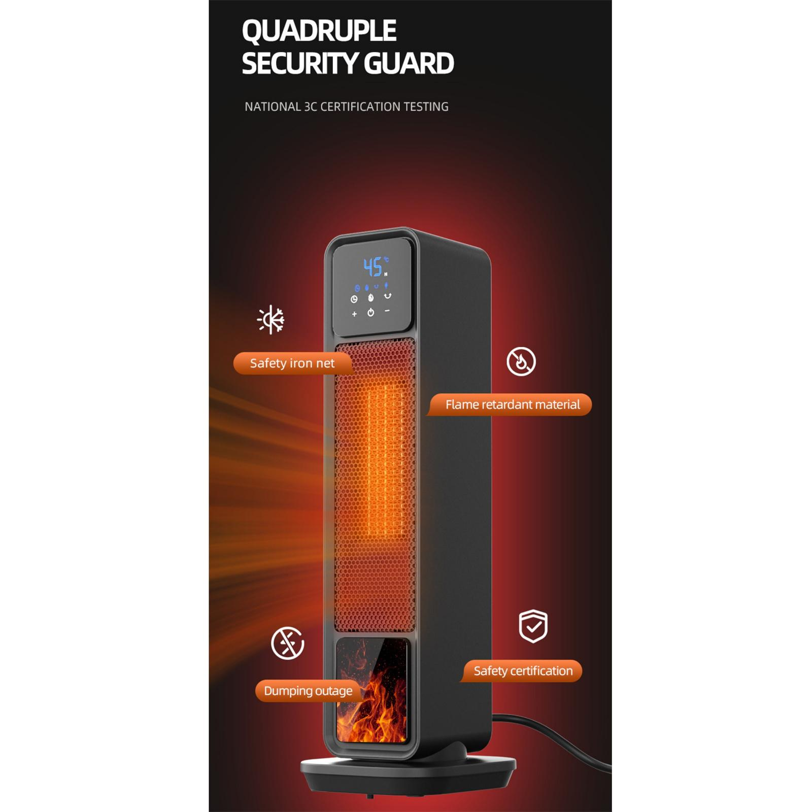 Ein schwarzer Elektroheizer mit rot-orangefarbenem Innenraum. Er hat ein digitales Display und Sicherheitsmerkmale.