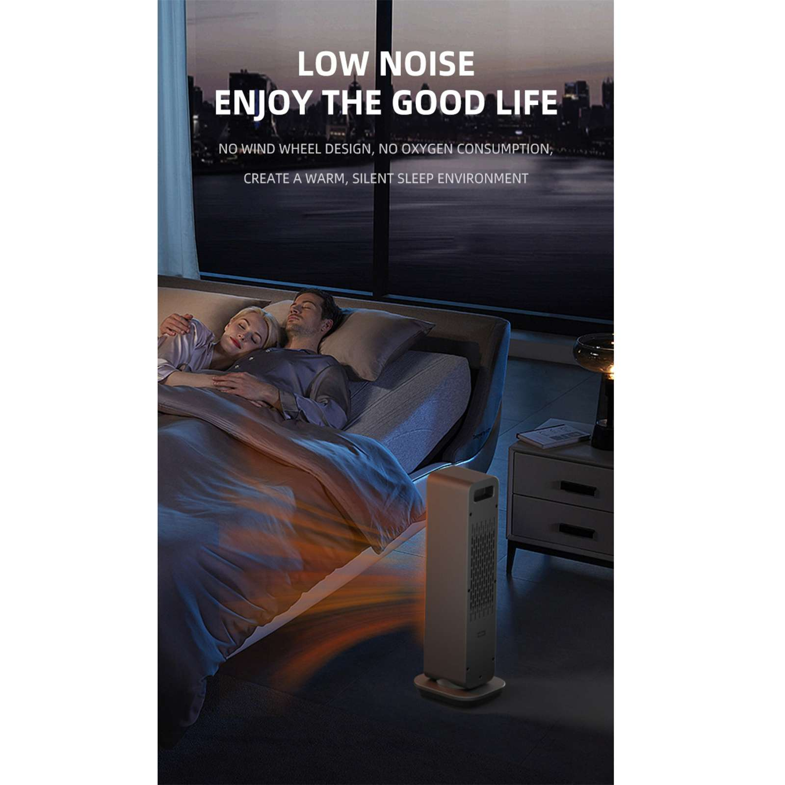 Ein Paar schläft in einem Bett. Ein Heizgerät steht am Bett. Text-Overlay: geringe Geräusche, genieße das gute Leben usw.