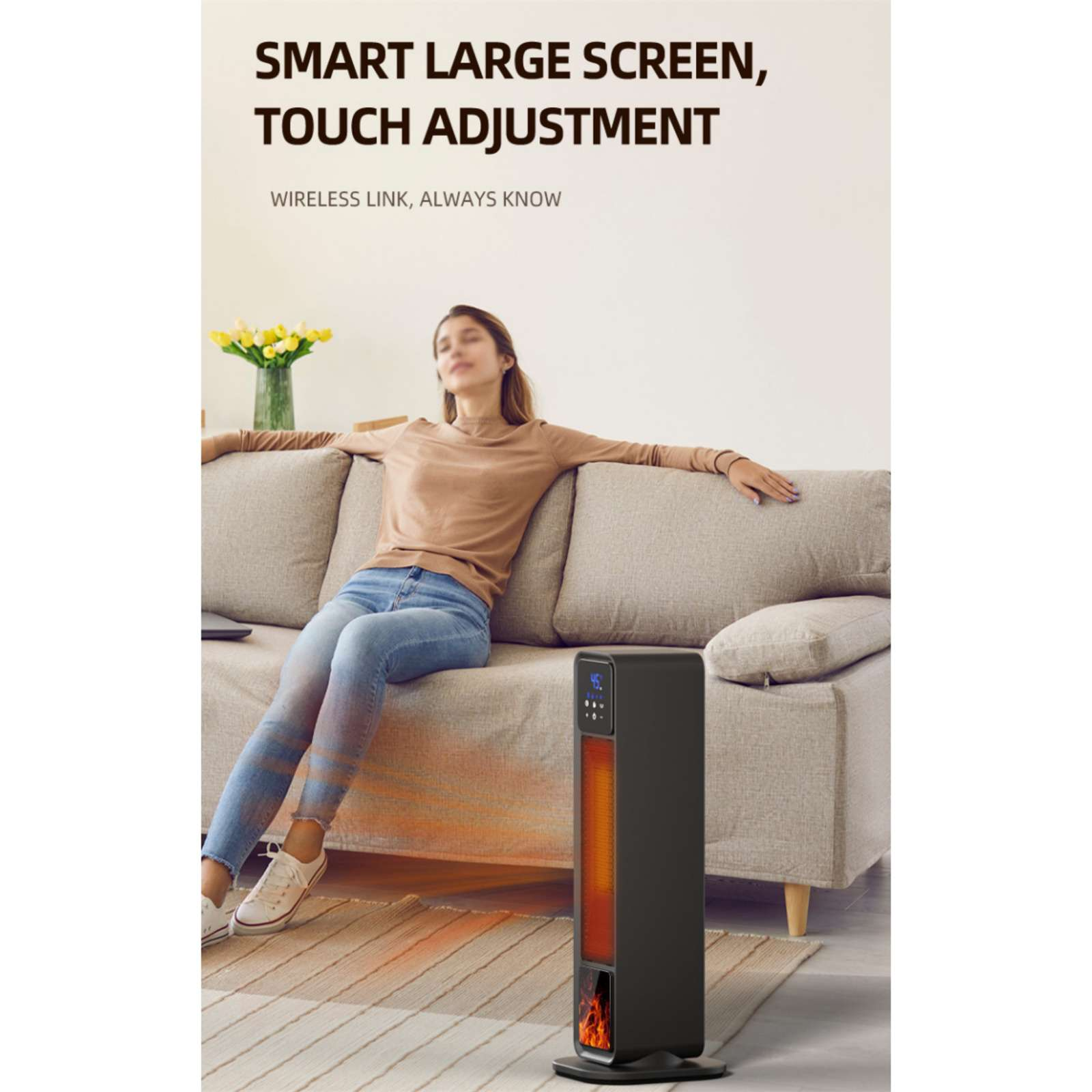 Eine Frau entspannt sich auf einem Sofa, ein schwarzer Heizlüfter steht daneben. Text oben: Smart Large Screen, Touch Adjustment.