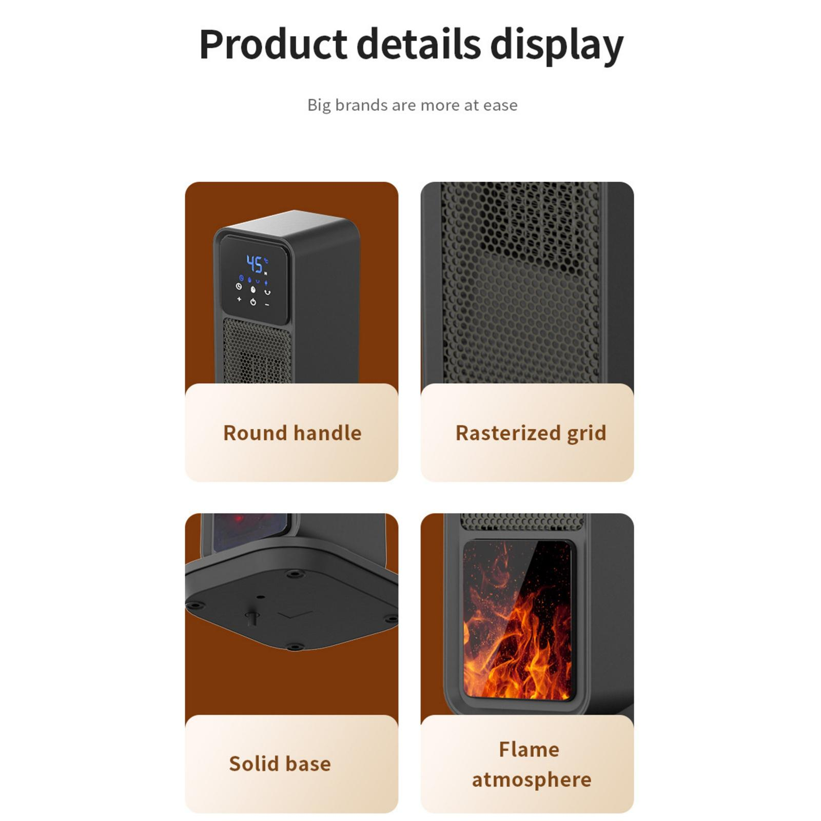 Das Bild zeigt Produktdetails mit einem schwarzen Heizgerät, das runden Griff, rasterförmiges Gitter, festen Sockel und Flammeneffekt zeigt.