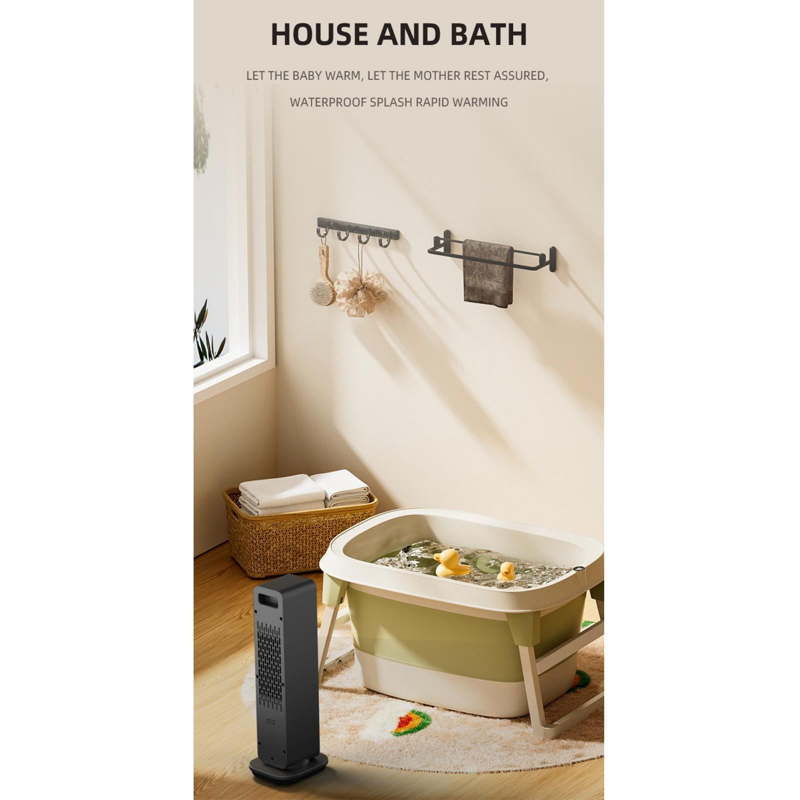 Ein Badezimmer mit Babybadewanne, gelben Gummienten und einem schwarzen Heizgerät. Handtücher und Zubehör sind sichtbar.
