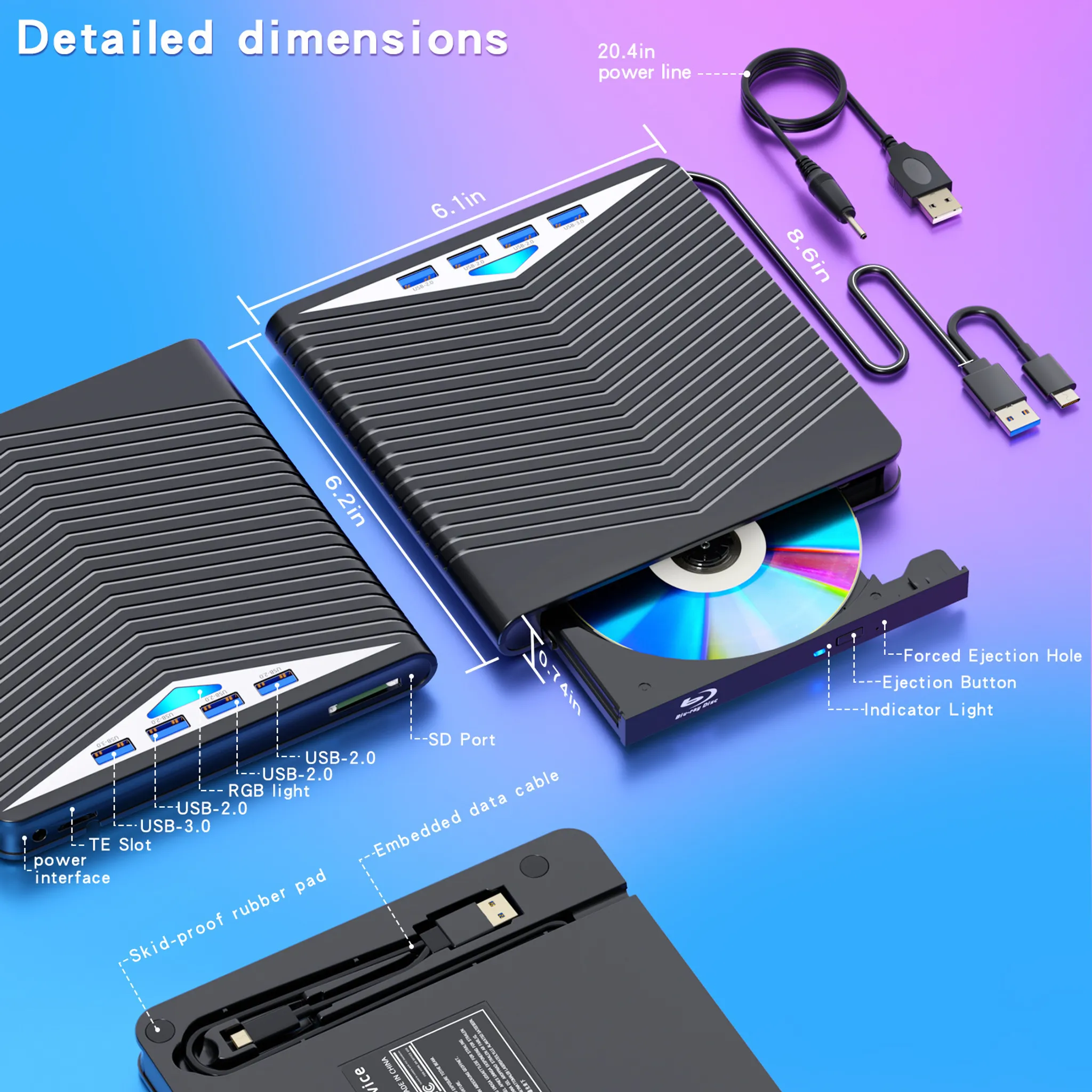Das Bild zeigt ein schwarzes externes Blu-ray-Laufwerk mit einer Disc. USB-Anschlüsse und Kabel sind auch auf einem Farbverlaufshintergrund sichtbar.