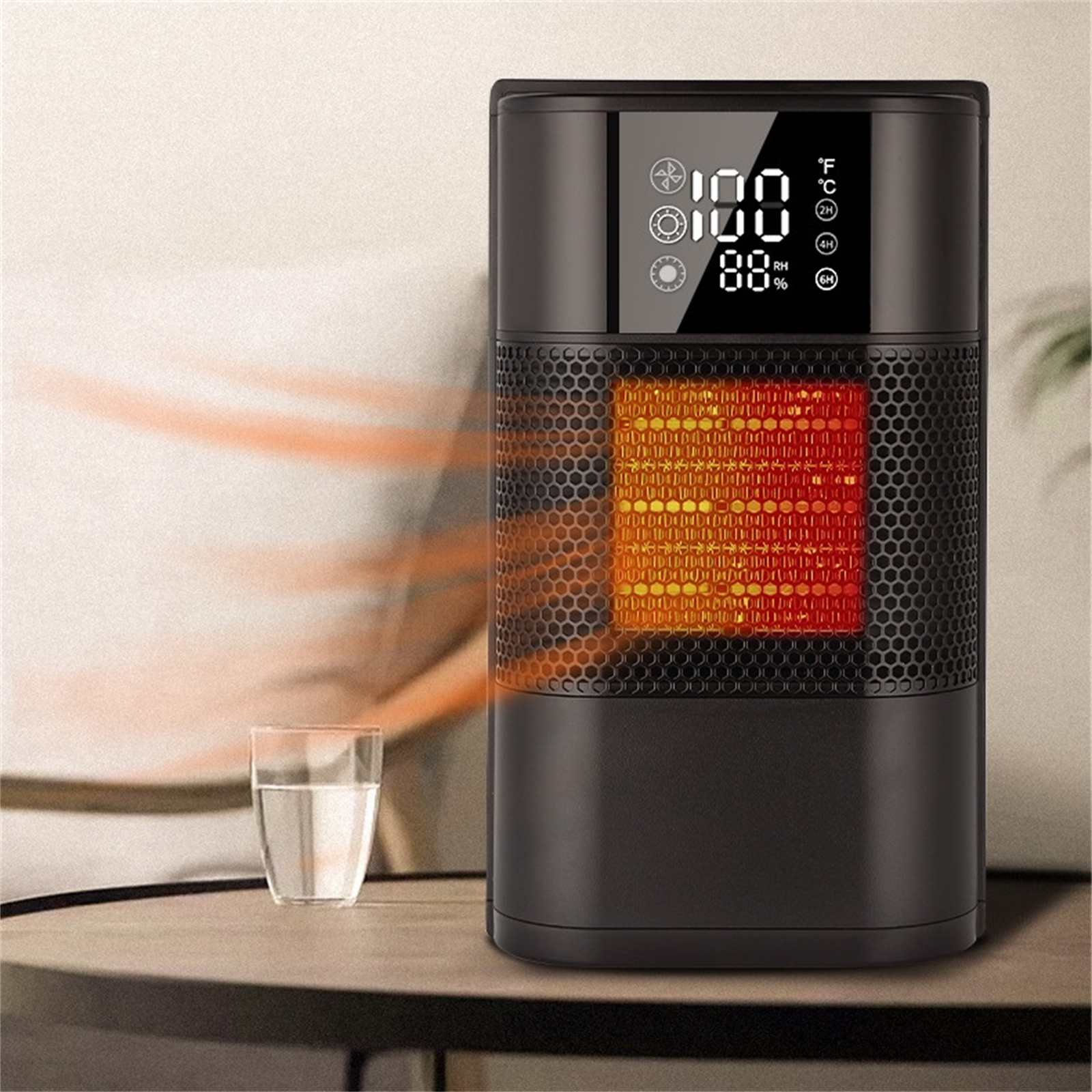 Schwarze Elektroheizung mit Digitalanzeige für Temperatur und Luftfeuchtigkeit, mit einem Glas Wasser.