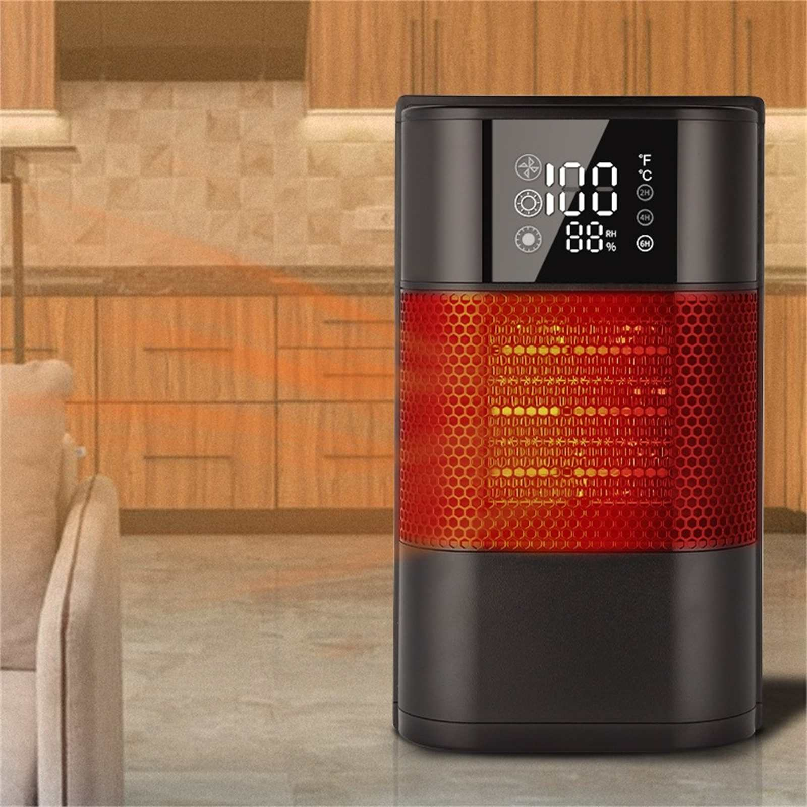 Ein schwarz-roter Heizlüfter zeigt Temperatur und Luftfeuchtigkeit in einer Küche an. Der Hintergrund umfasst Holzschränke.