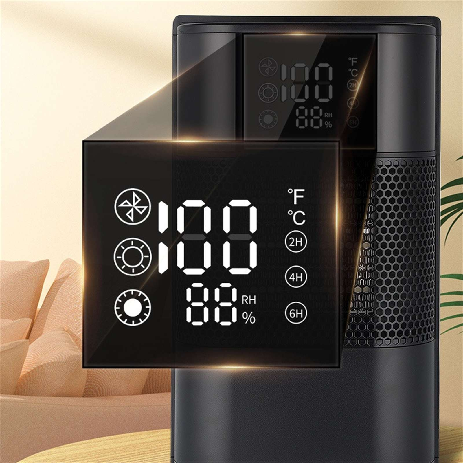 Schwarze elektrische Heizung mit Digitalanzeige, die Temperatur und Luftfeuchtigkeit anzeigt. Das Display zeigt 100, 88% und andere Symbole.