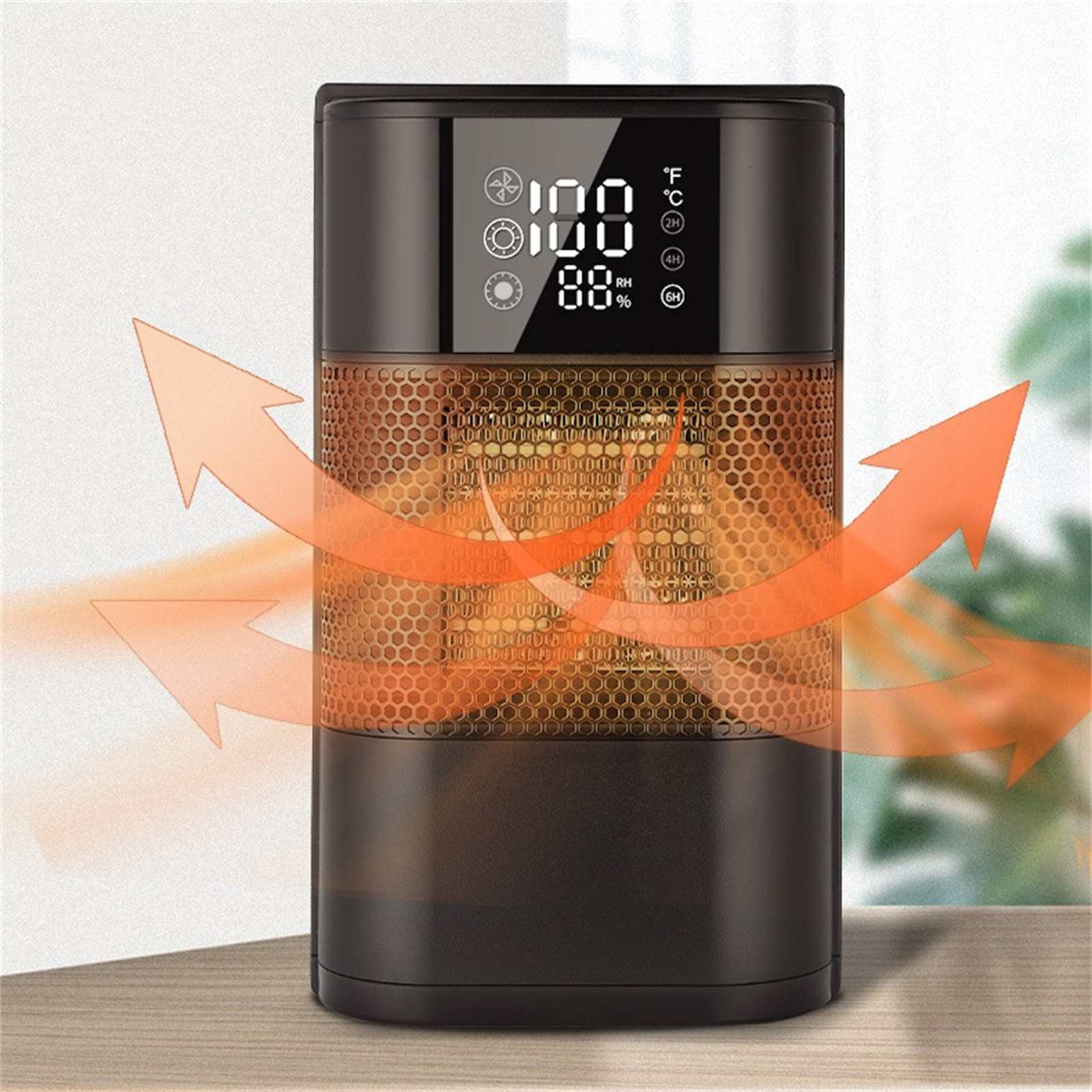 Ein schwarzer und brauner Heizlüfter mit orangefarbenem Gitter, Digitalanzeige und Pfeilen, die den Luftstrom anzeigen.