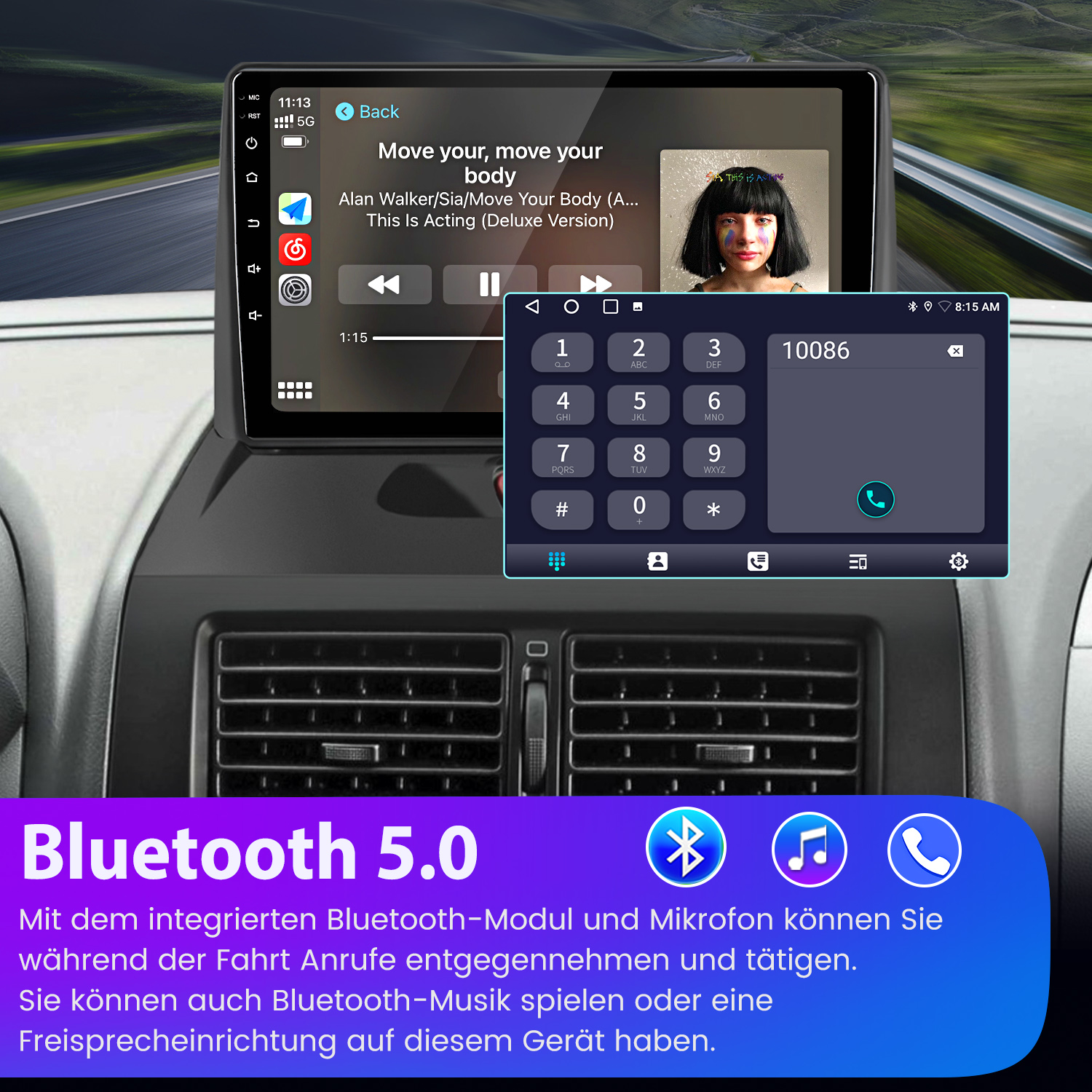 Auto-Infotainment-Bildschirm mit Musik-Player, Telefonwählgerät und Bluetooth-Informationen. Im Hintergrund ist ein Autointerieur.