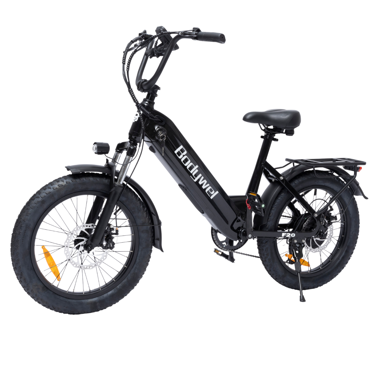 Czarny rower elektryczny Bodywel F20 na białym tle. Ma grube opony, siodełko, bagażnik i reflektor.